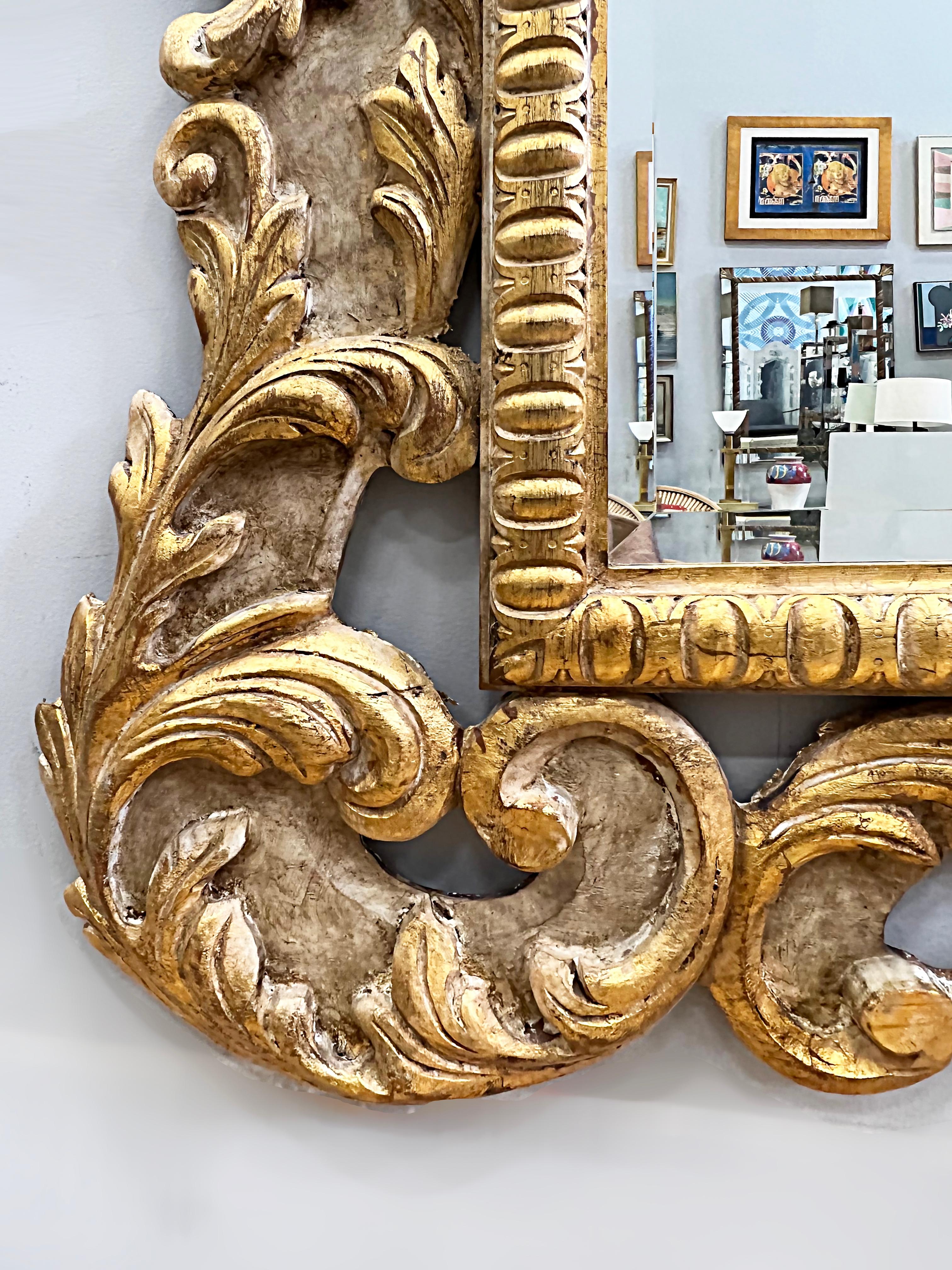 Beveled Monumental Italian Carved Gilt Wall Mirror, Hollywood Regency Style For Sale