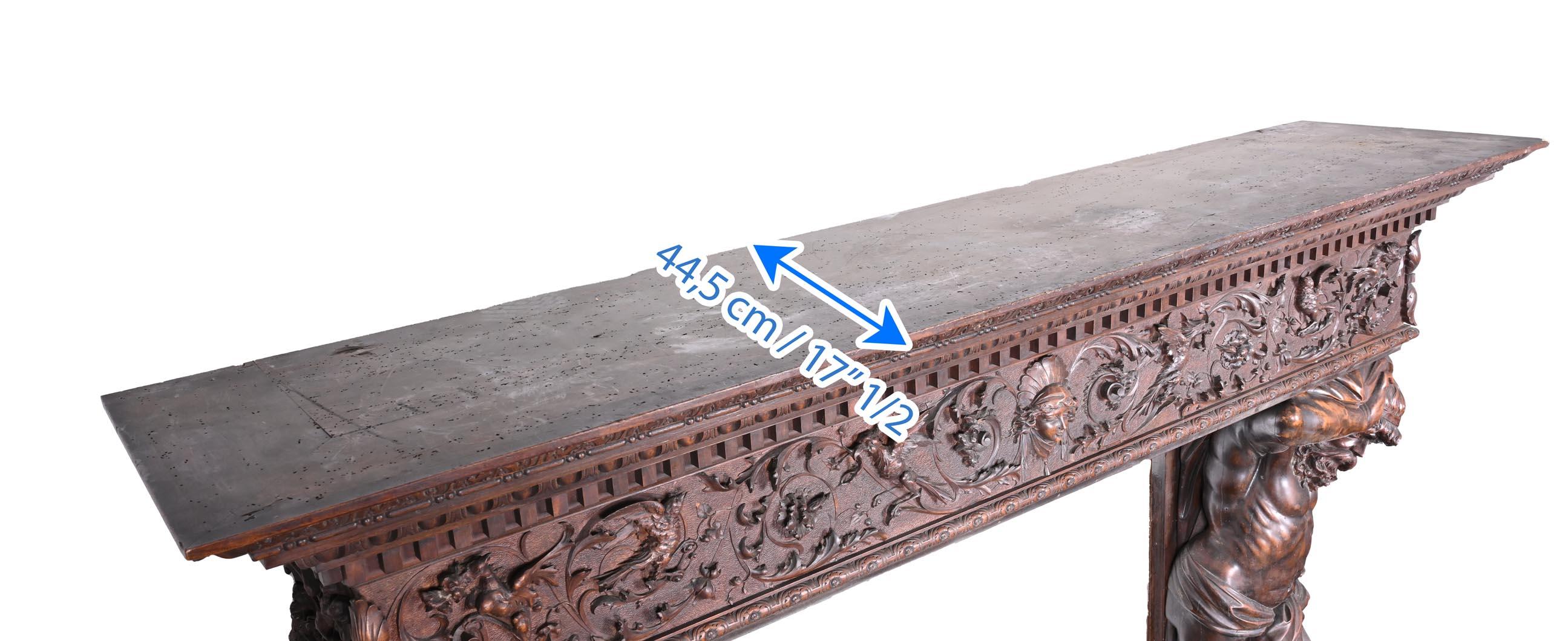 Monumental Italian carved walnut fireplace, Neo-Renaissance style, circa 1880 For Sale 4