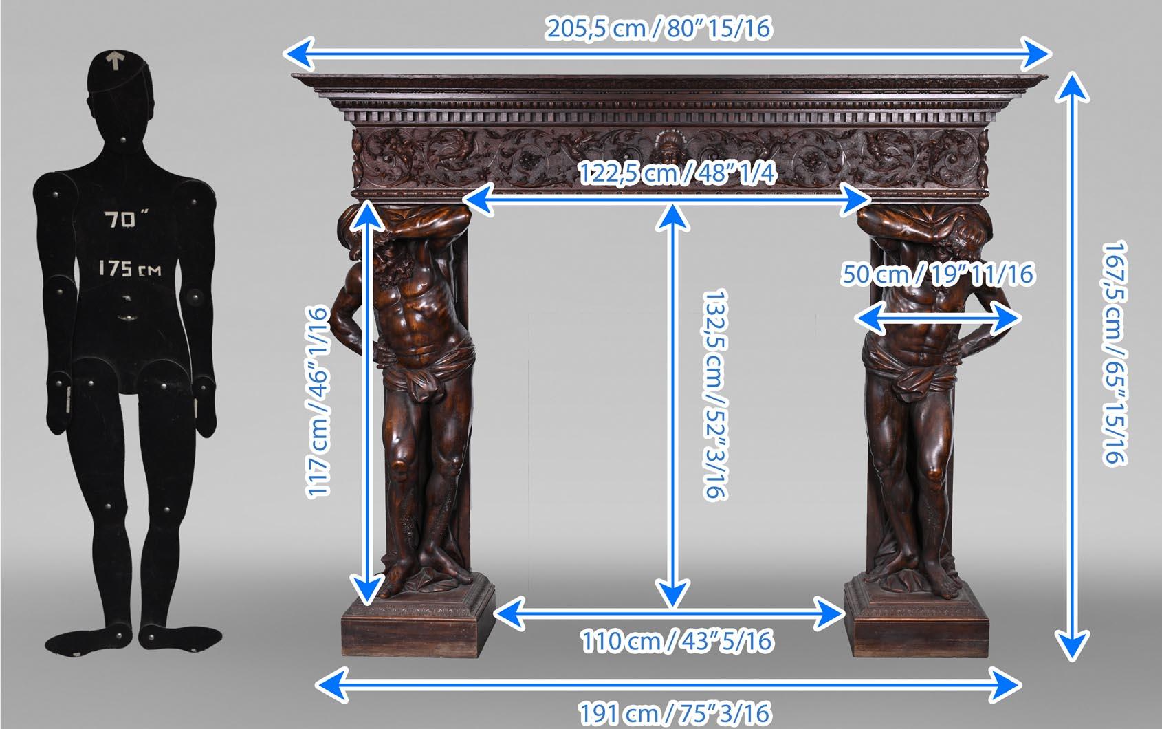 Monumental Italian carved walnut fireplace, Neo-Renaissance style, circa 1880 For Sale 5