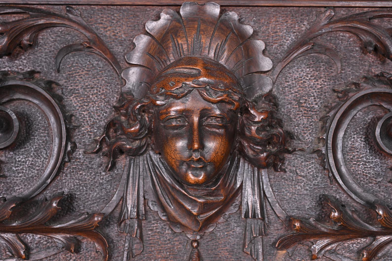 Renaissance Revival Monumental Italian carved walnut fireplace, Neo-Renaissance style, circa 1880 For Sale