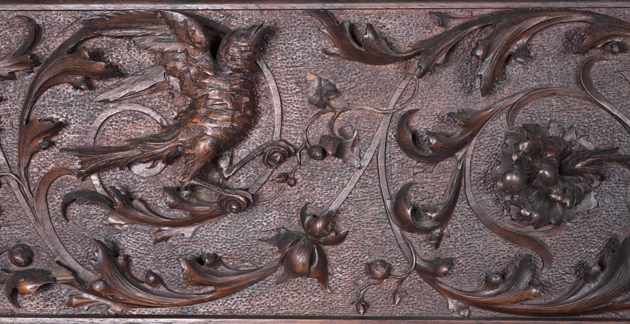 Hand-Carved Monumental Italian carved walnut fireplace, Neo-Renaissance style, circa 1880 For Sale