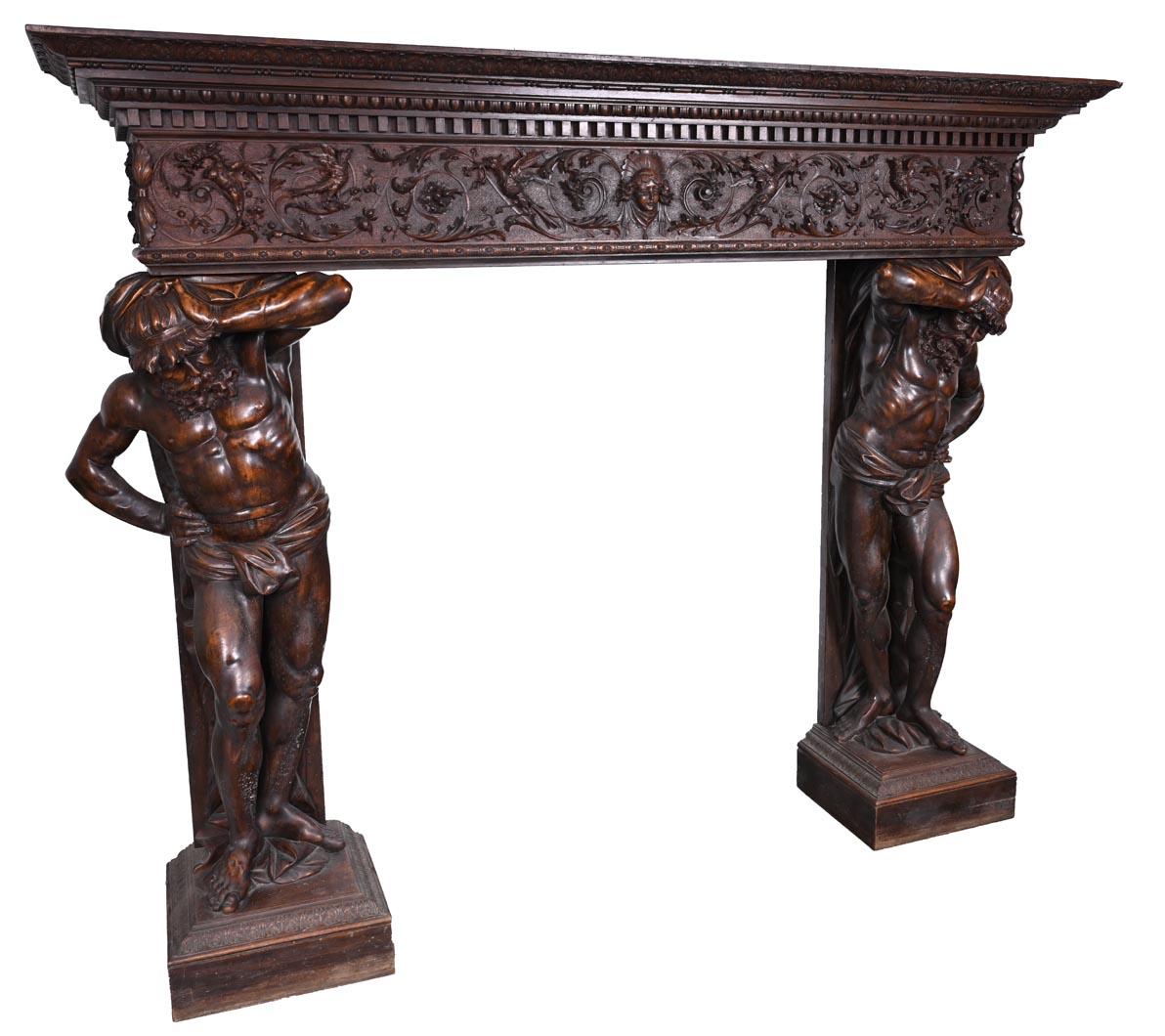 Monumental Italian carved walnut fireplace, Neo-Renaissance style, circa 1880 For Sale 1