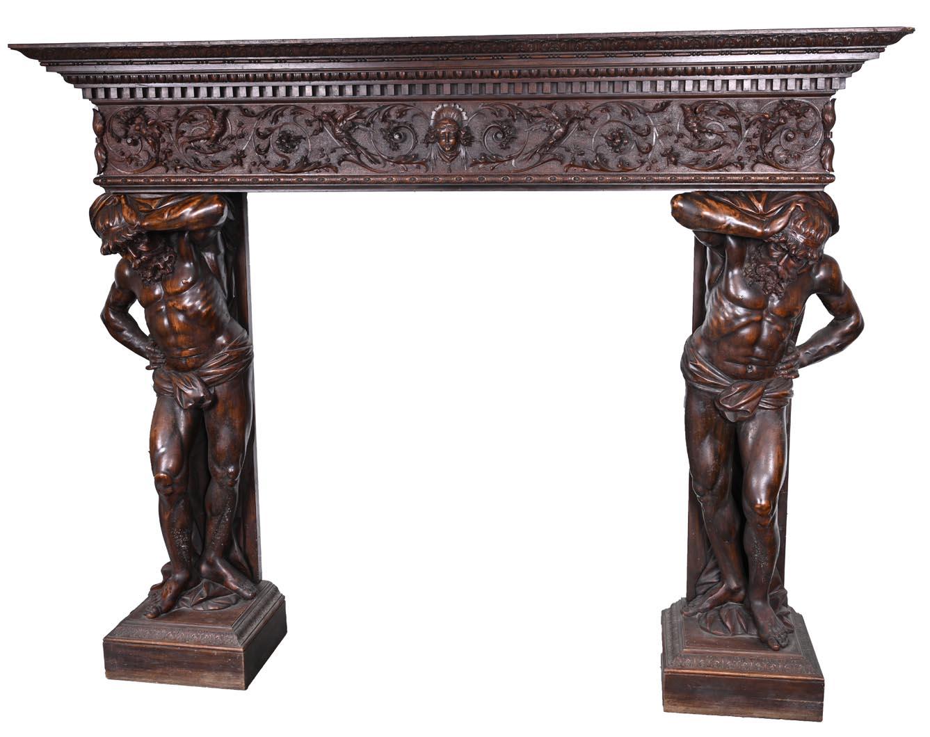 Monumental Italian carved walnut fireplace, Neo-Renaissance style, circa 1880 For Sale 2