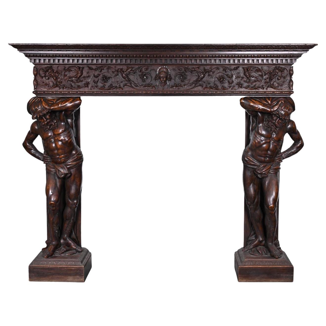 Caminetto monumentale italiano in noce intagliato, stile neorinascimentale, circa 1880