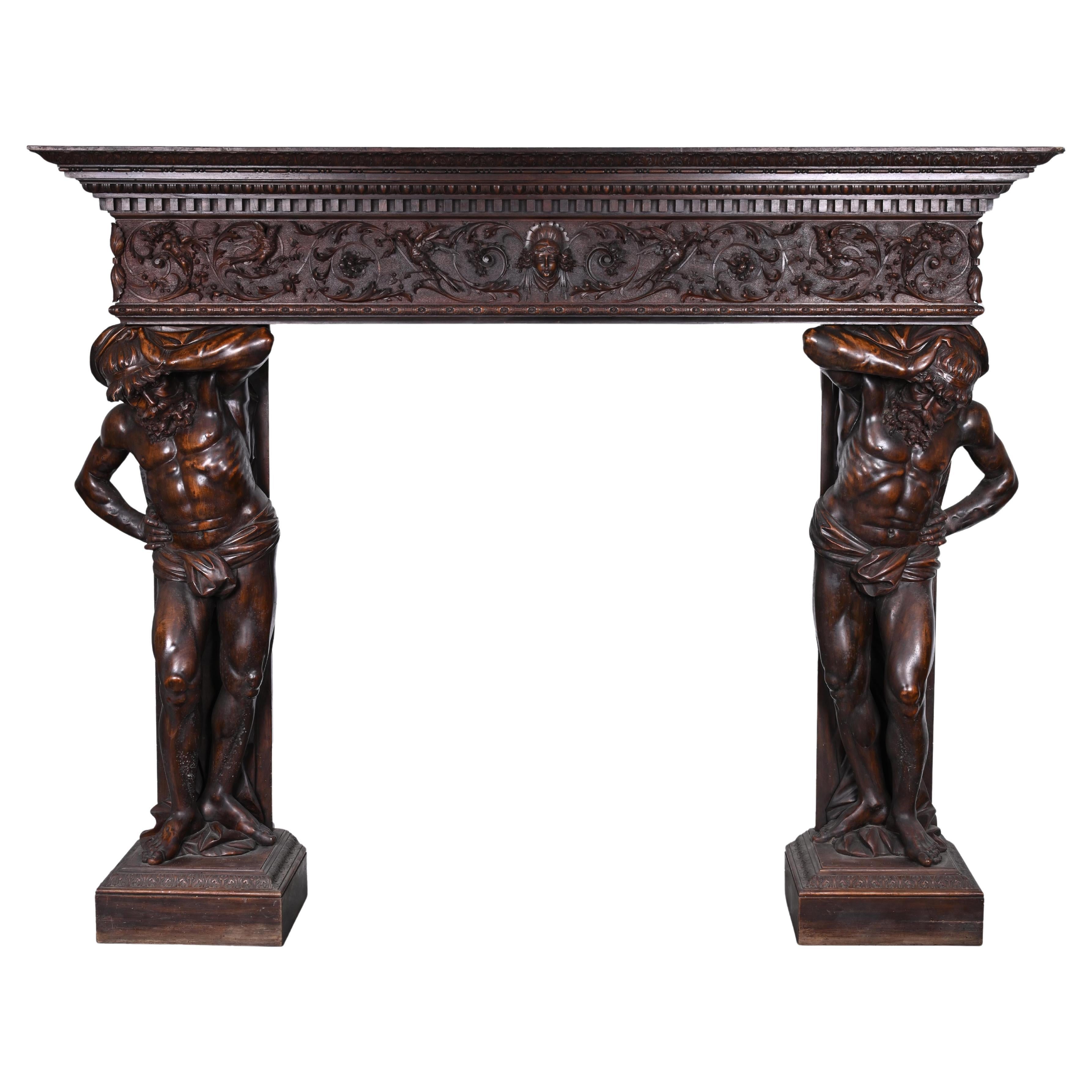 Monumental Italian carved walnut fireplace, Neo-Renaissance style, circa 1880