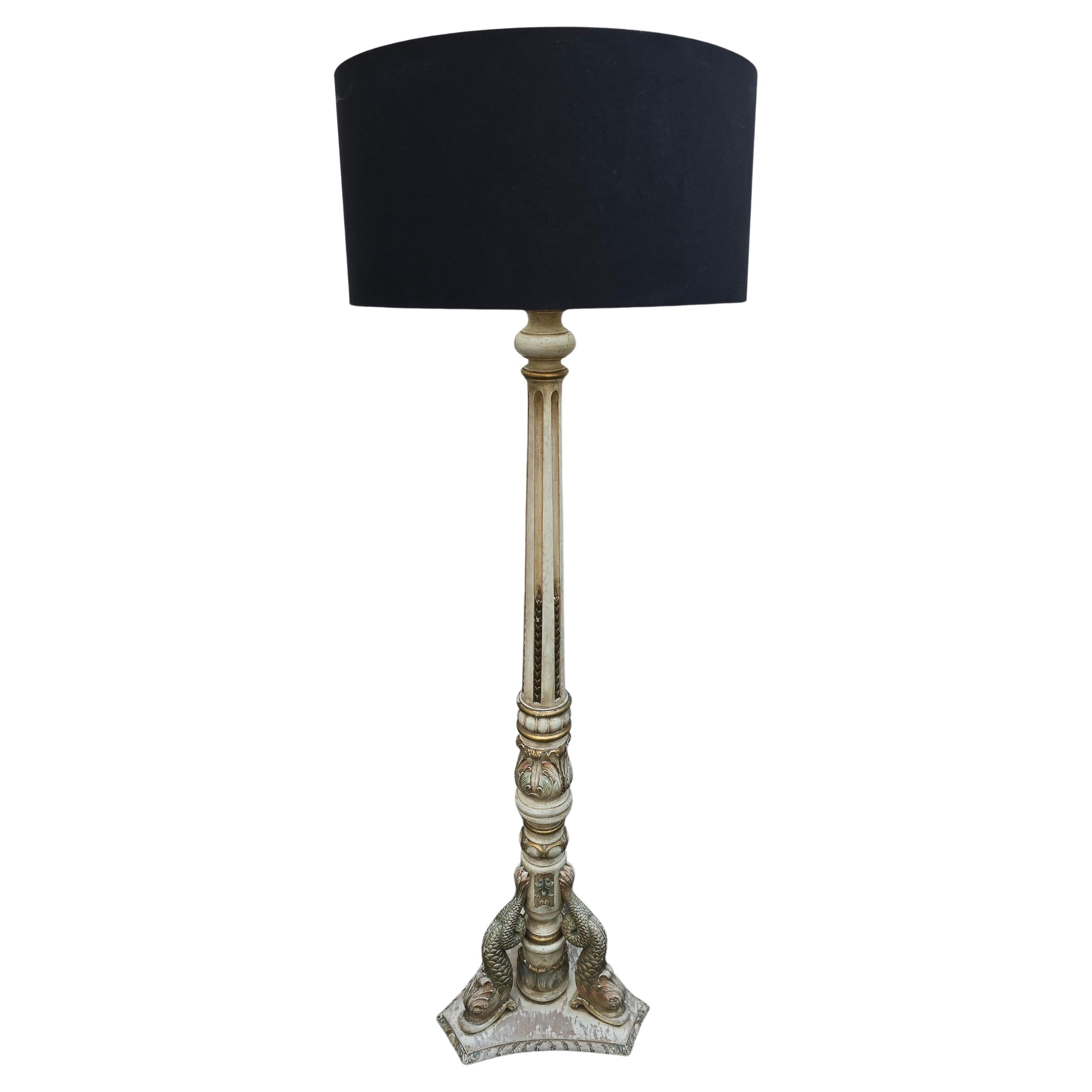 Monumental Italian Carved Wood Floor Lamp with Dolphin Motif, Mid-20th Century