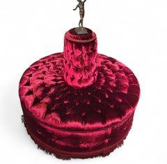 Monumental Italian Circular Red Velvet Tufted Ottoman with Bronze Faun Sculpture