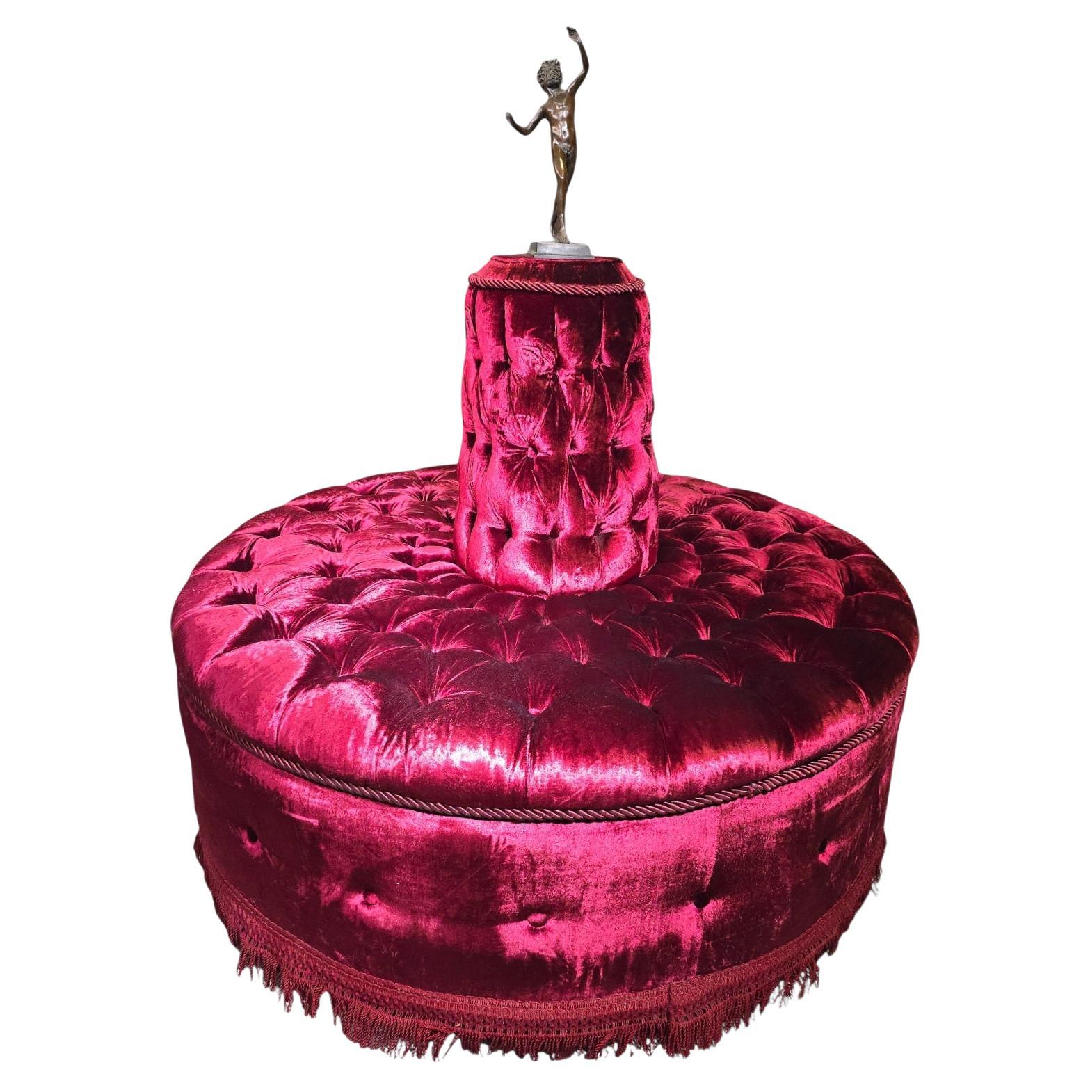 Monumental Italian Circular Red Velvet Tufted Ottoman with Bronze Faun Sculpture For Sale