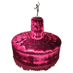Monumental Italian Circular Red Velvet Tufted Ottoman with Bronze Faun Sculpture