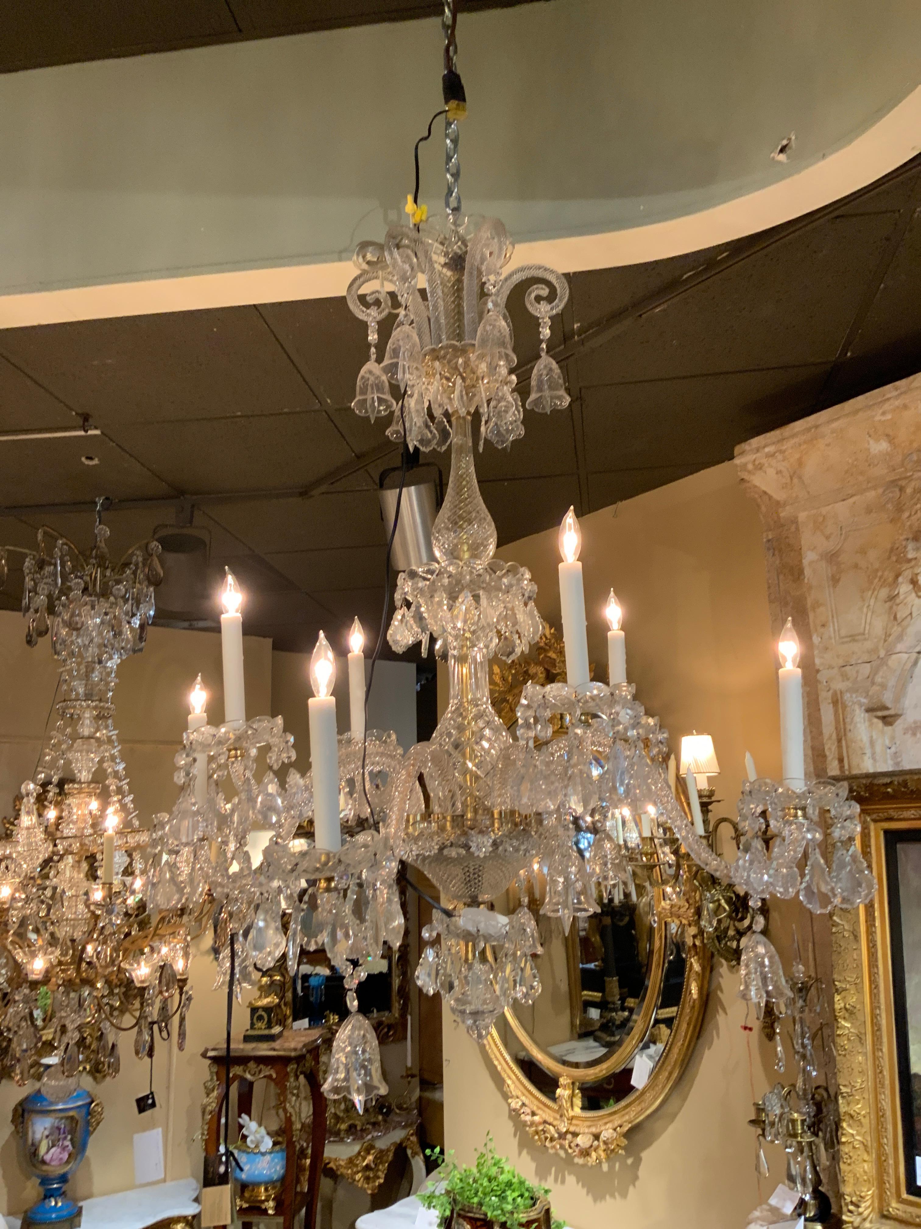Monumental Italian Clear Crystal Eight-Light Chandelier with Drop Prism Accents For Sale 4