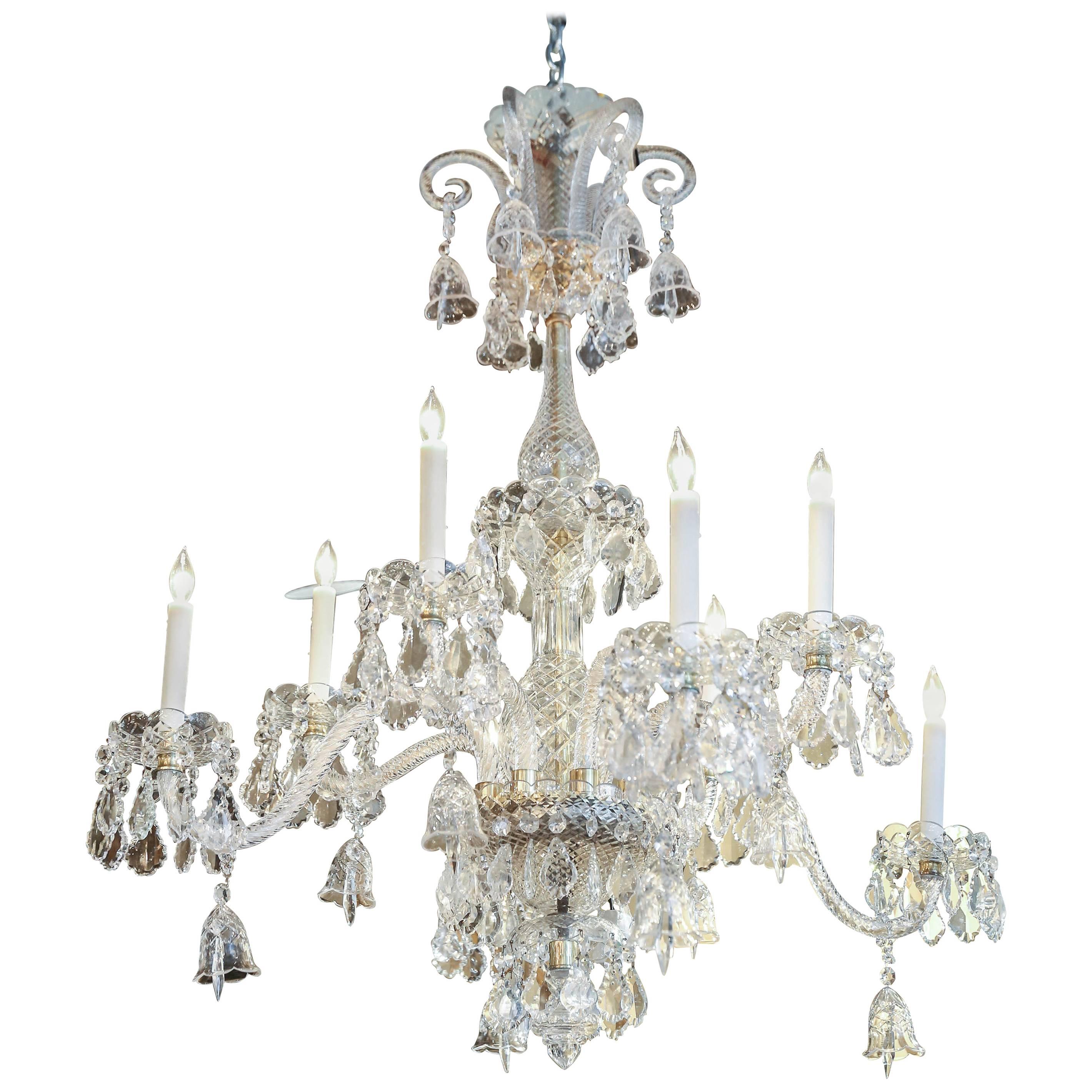 Monumental Italian Clear Crystal Eight-Light Chandelier with Drop Prism Accents For Sale