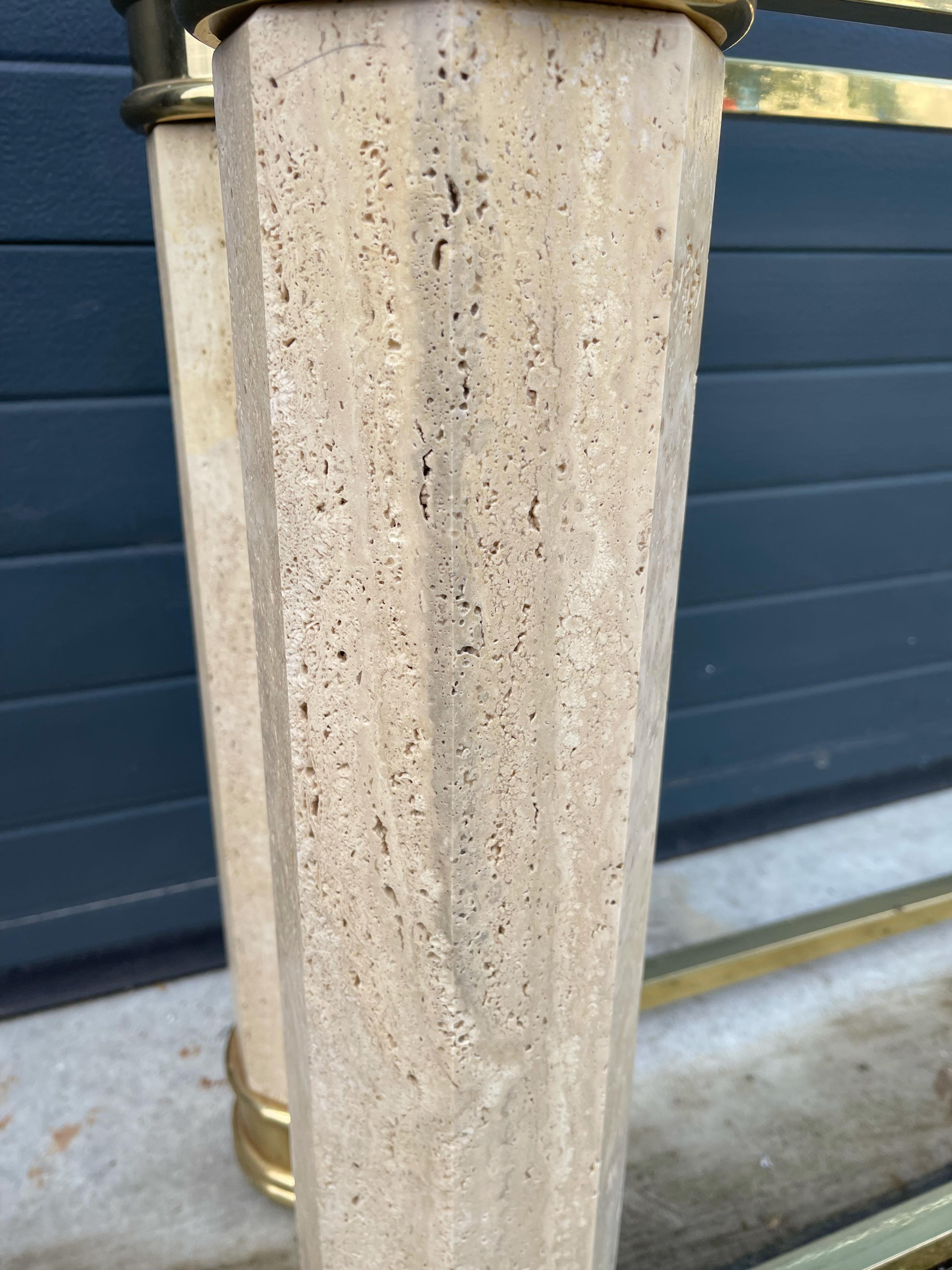 Monumental Italian Console Table in Travertine, Solid Brass & Beveled Glass, 80s For Sale 4