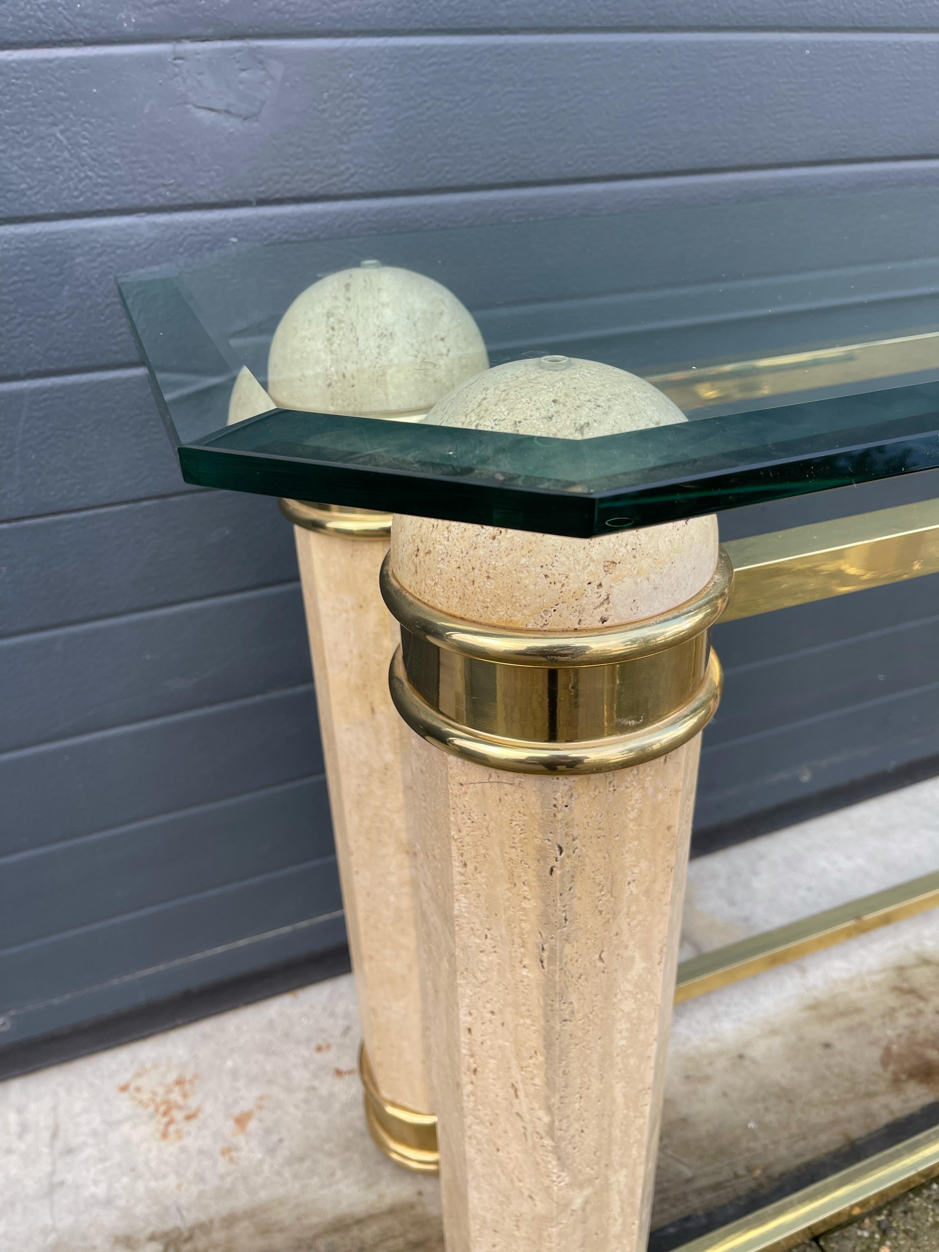 Monumental Italian Console Table in Travertine, Solid Brass & Beveled Glass, 80s For Sale 6