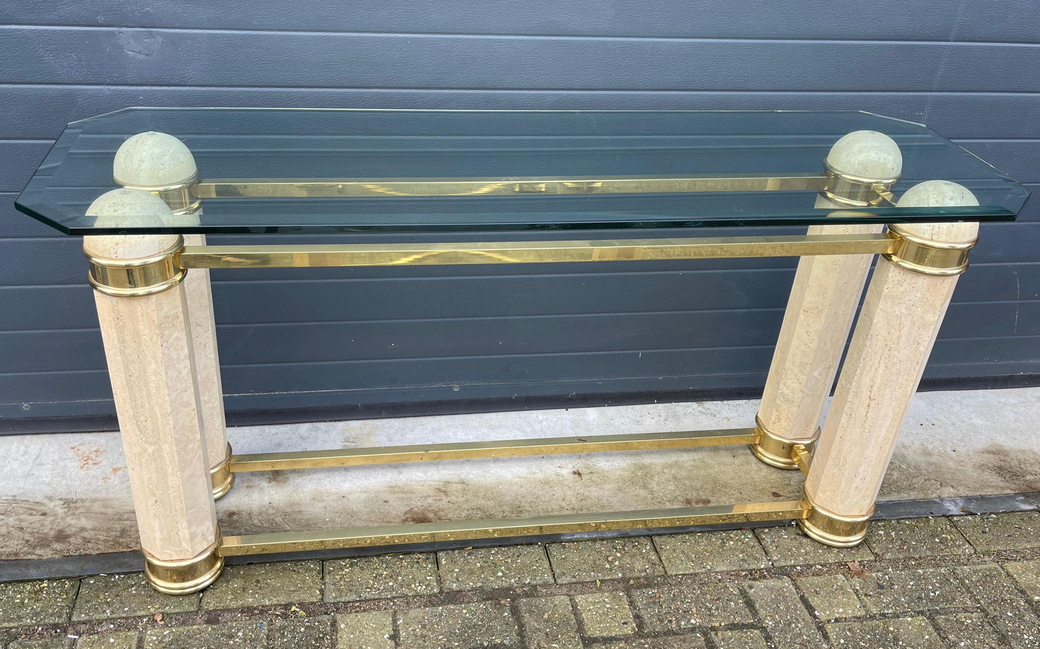 Monumental Italian Console Table in Travertine, Solid Brass & Beveled Glass, 80s For Sale 7