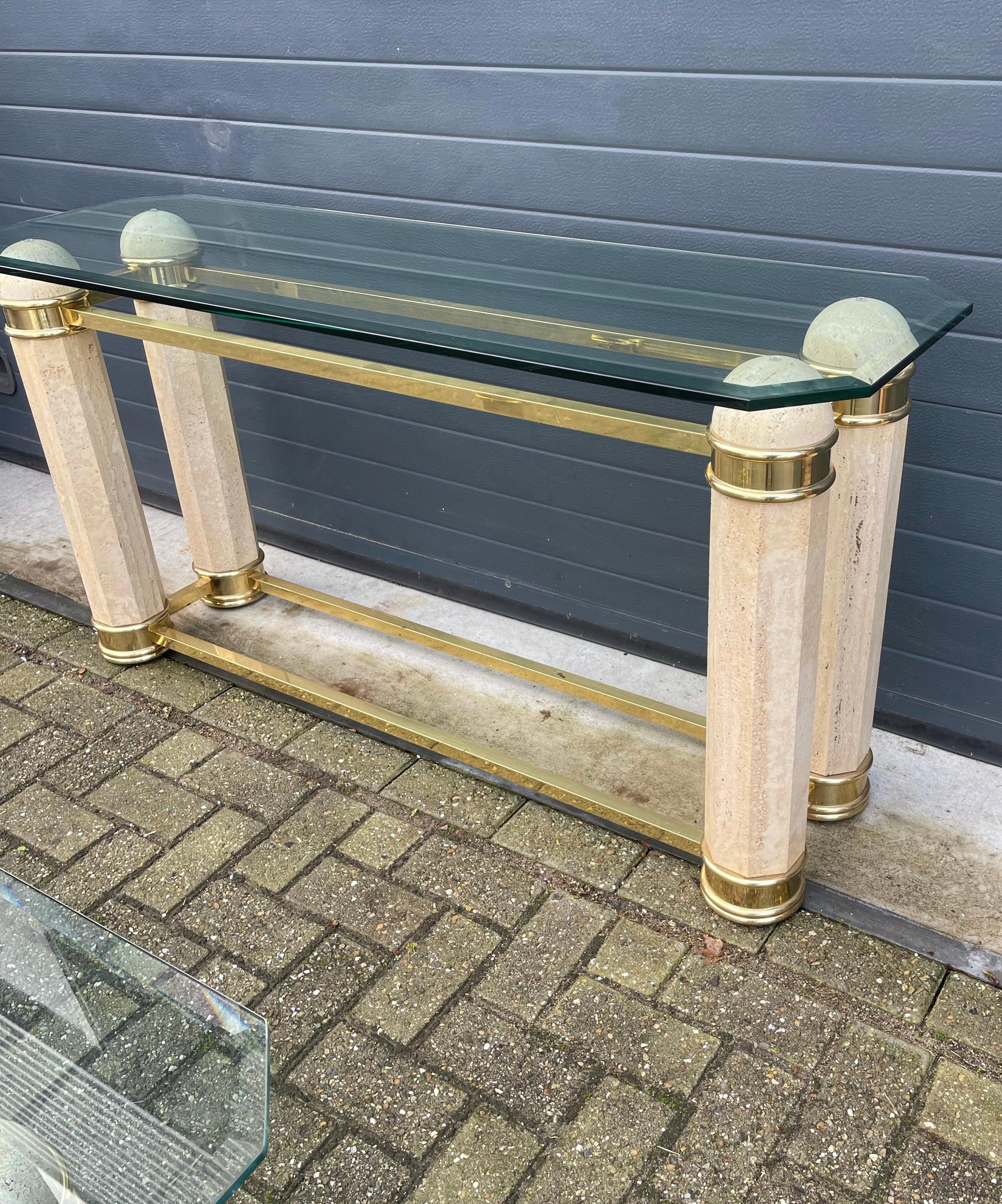 Monumental Italian Console Table in Travertine, Solid Brass & Beveled Glass, 80s For Sale 8