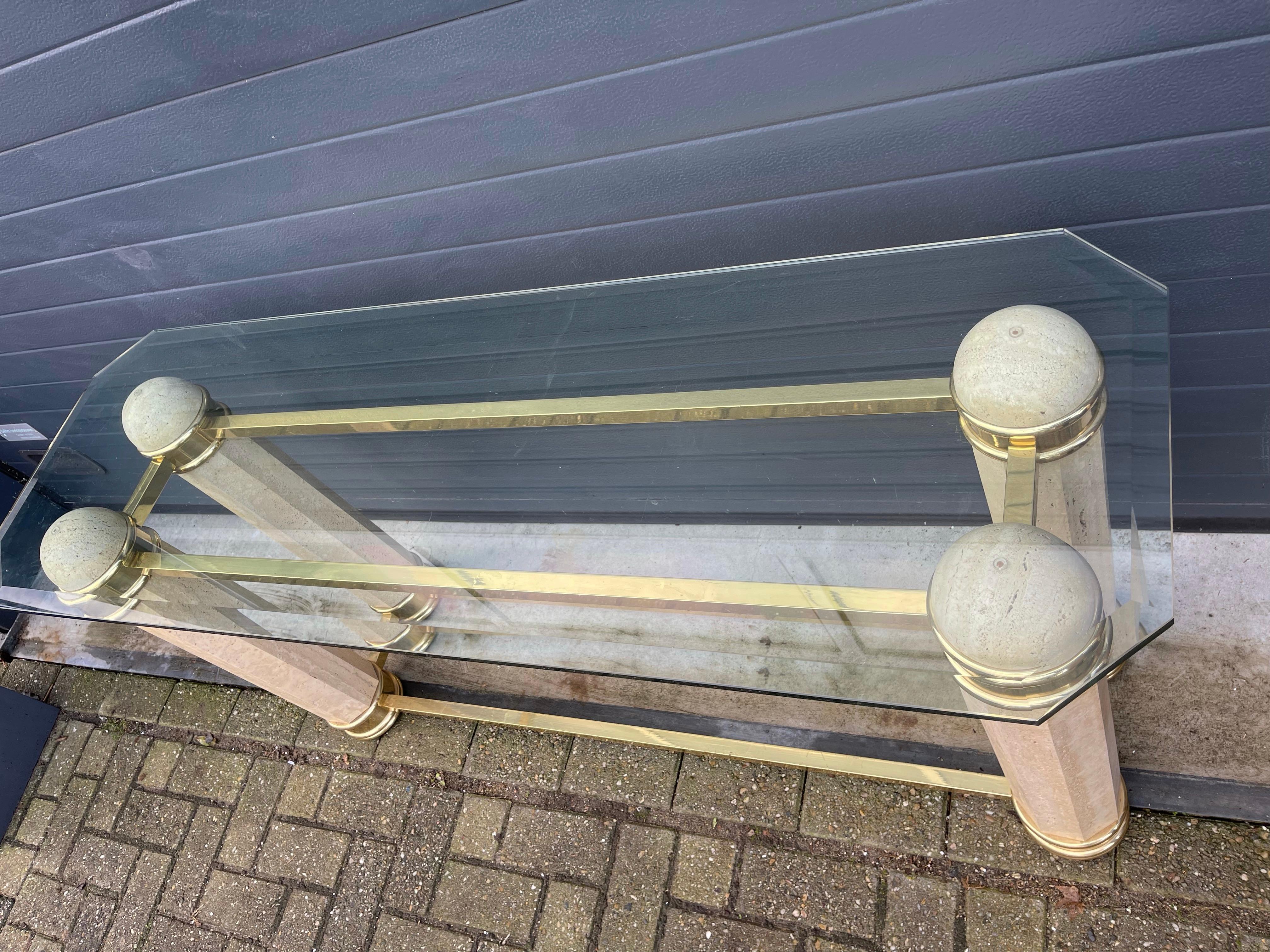 Monumental Italian Console Table in Travertine, Solid Brass & Beveled Glass, 80s For Sale 9