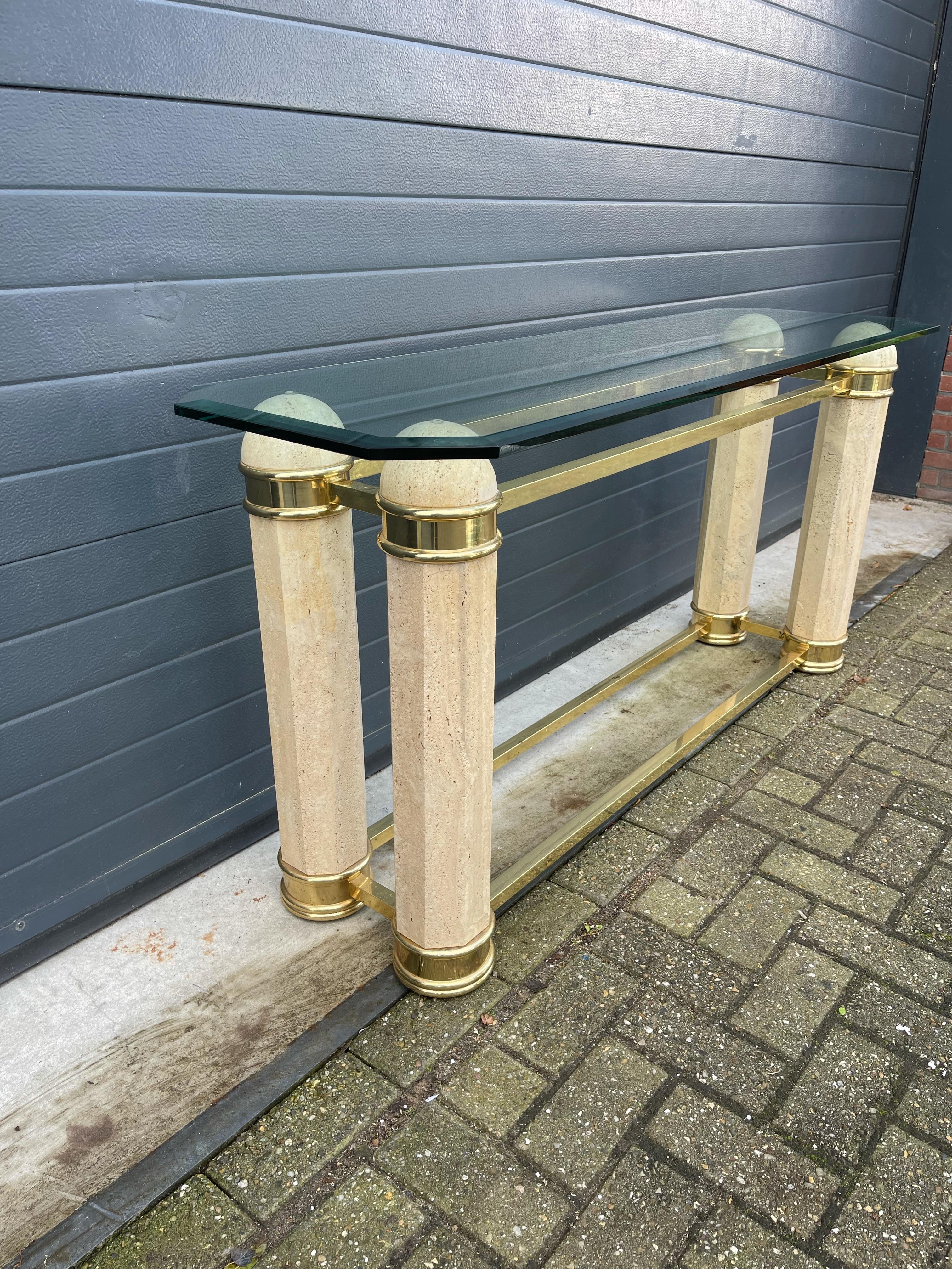 Monumental Italian Console Table in Travertine, Solid Brass & Beveled Glass, 80s For Sale 10