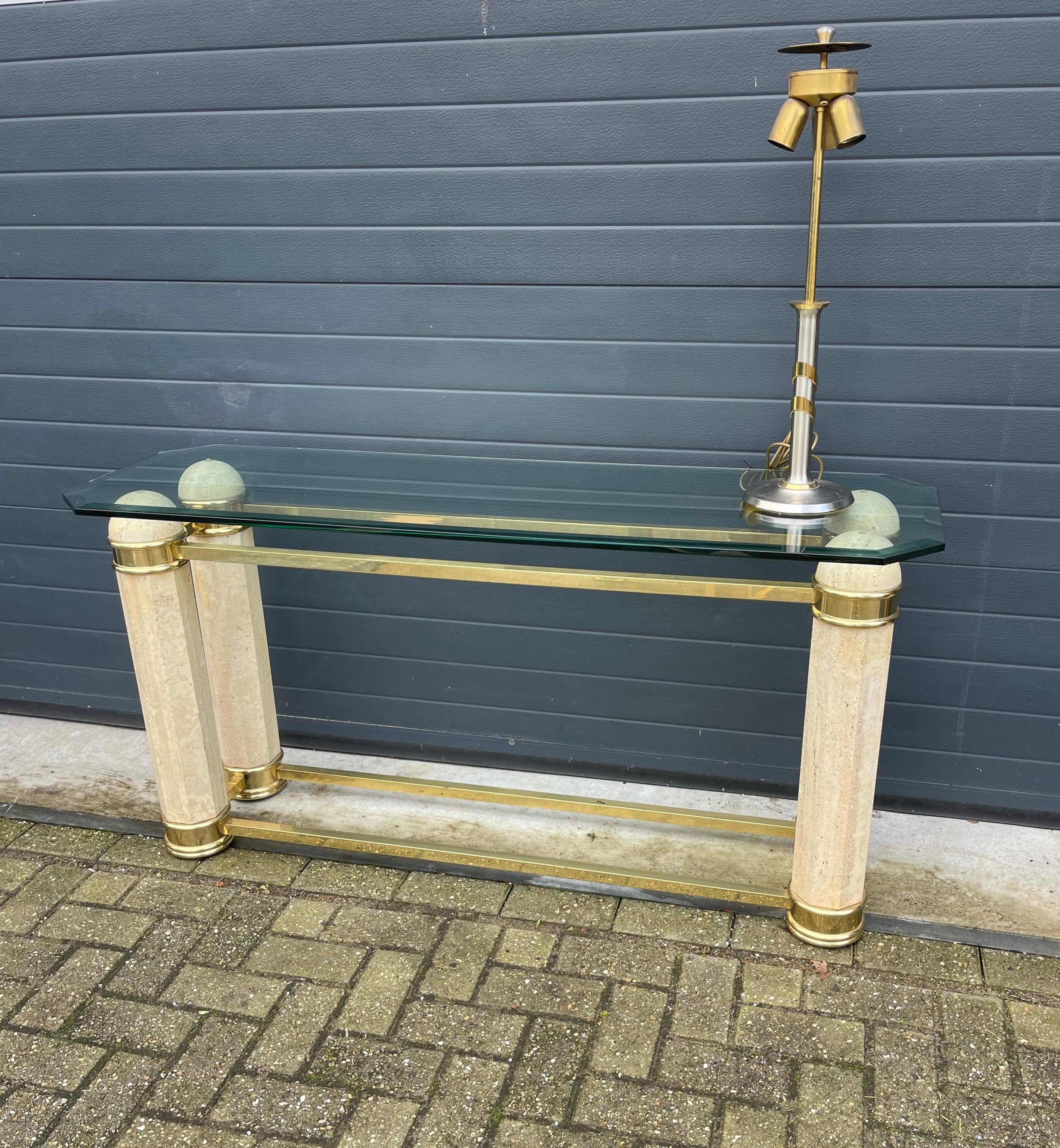 Monumental Italian Console Table in Travertine, Solid Brass & Beveled Glass, 80s For Sale 11