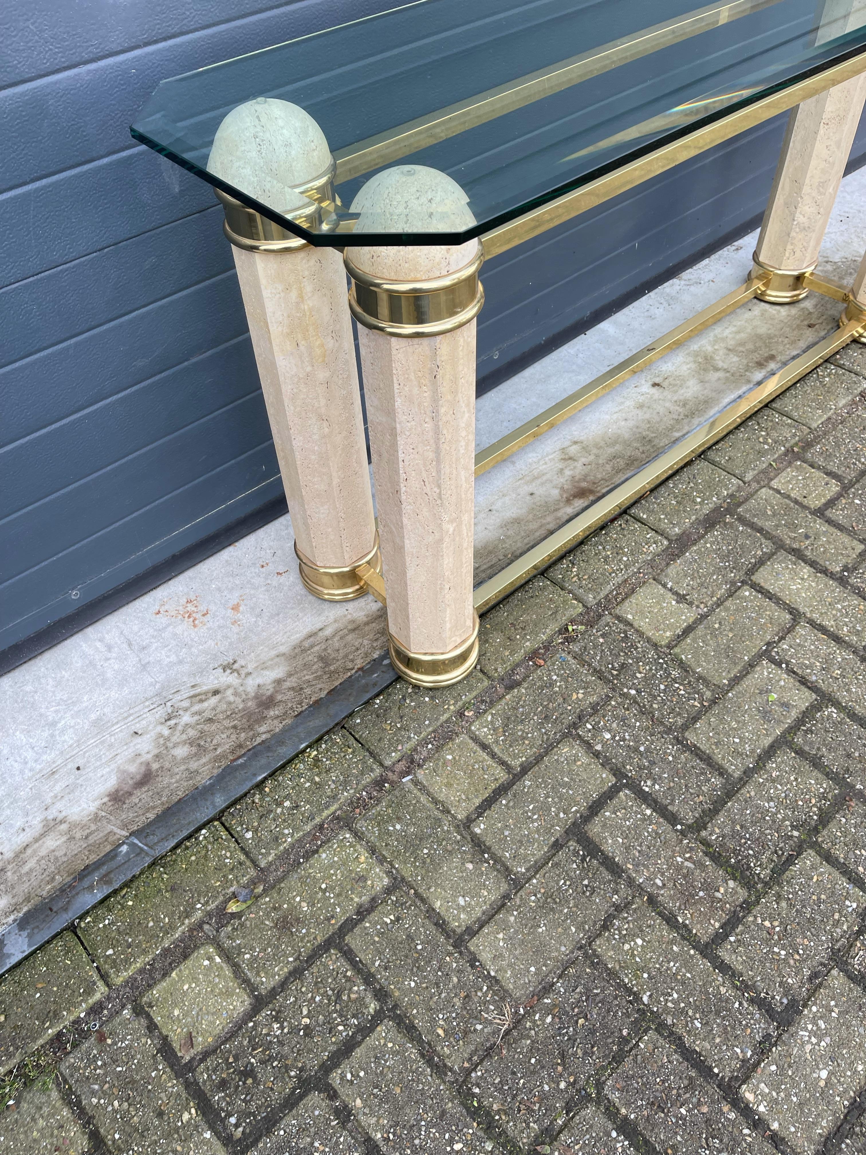 Monumental Italian Console Table in Travertine, Solid Brass & Beveled Glass, 80s For Sale 12