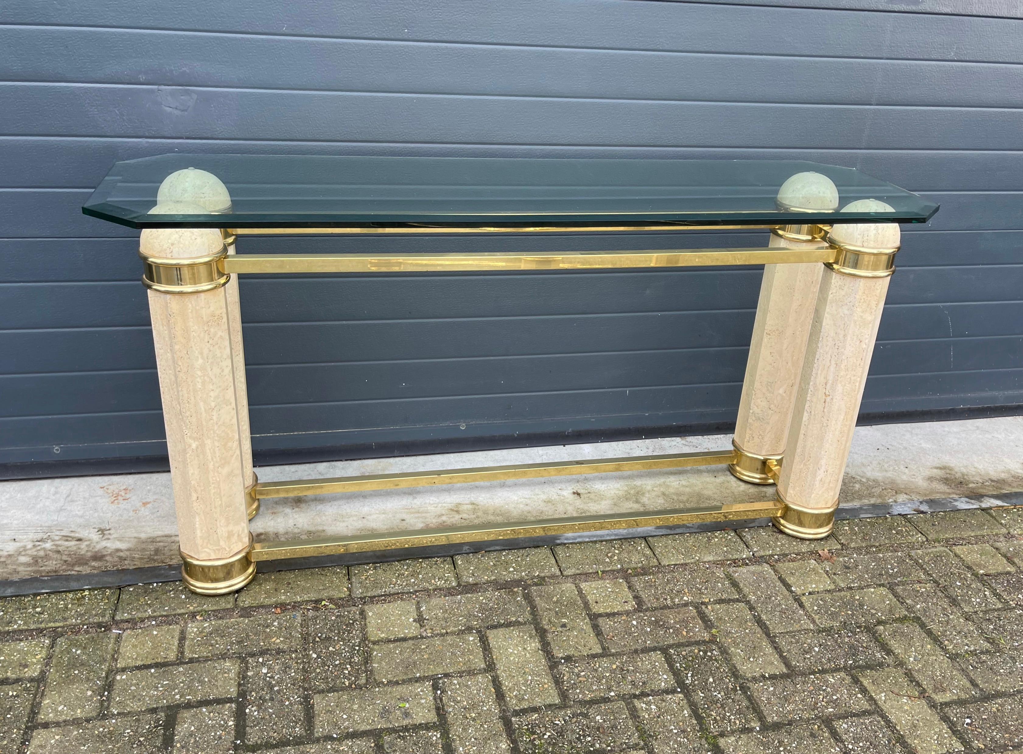 Monumental Italian Console Table in Travertine, Solid Brass & Beveled Glass, 80s For Sale 13