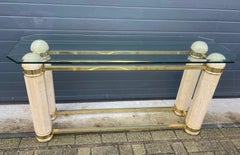 Monumental Italian Console Table in Travertine, Solid Brass & Beveled Glass, 80s