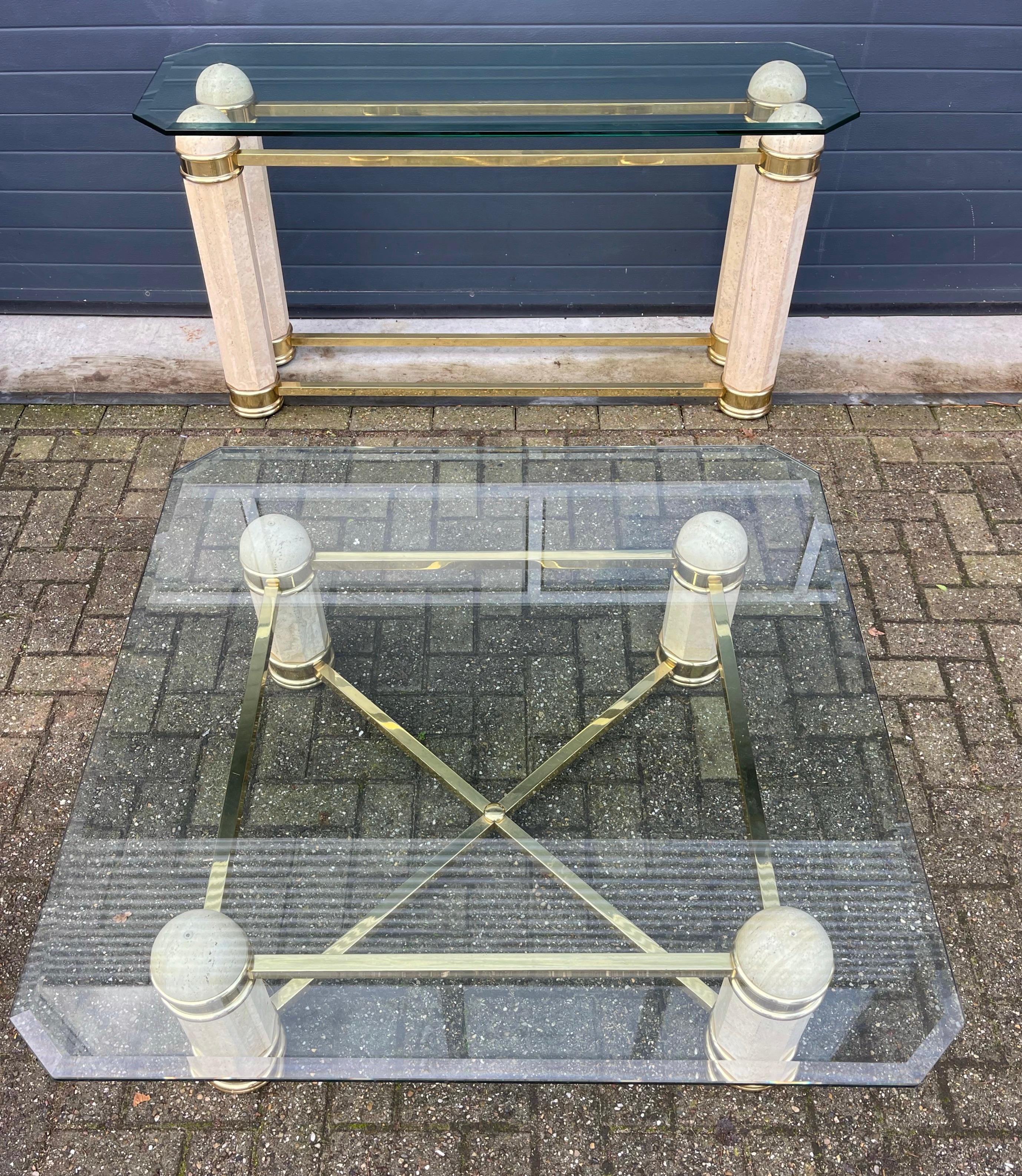 Monumental Italian Console Table in Travertine, Solid Brass & Beveled Glass, 80s For Sale 14