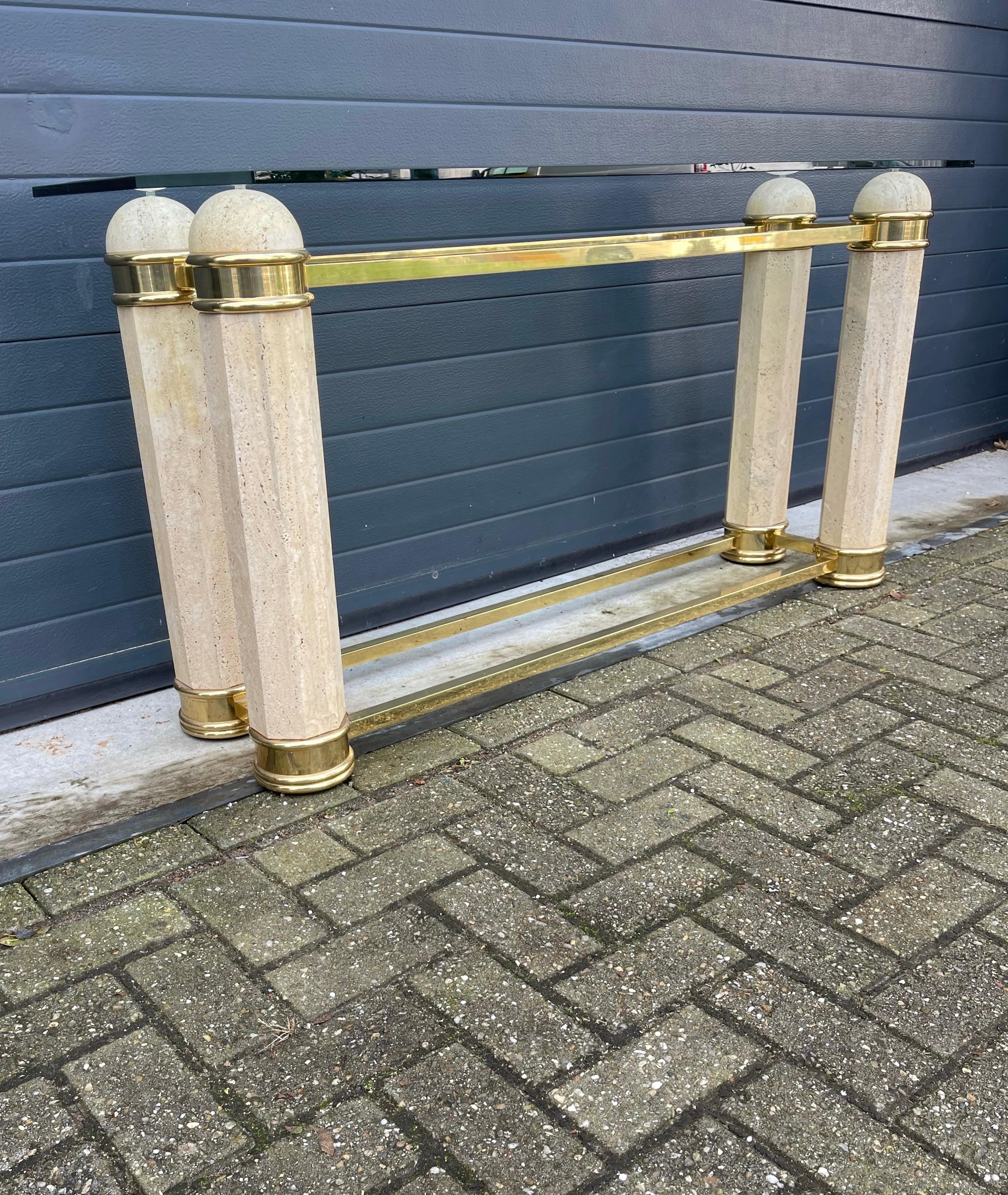Mid-Century Modern Monumental Italian Console Table in Travertine, Solid Brass & Beveled Glass, 80s For Sale