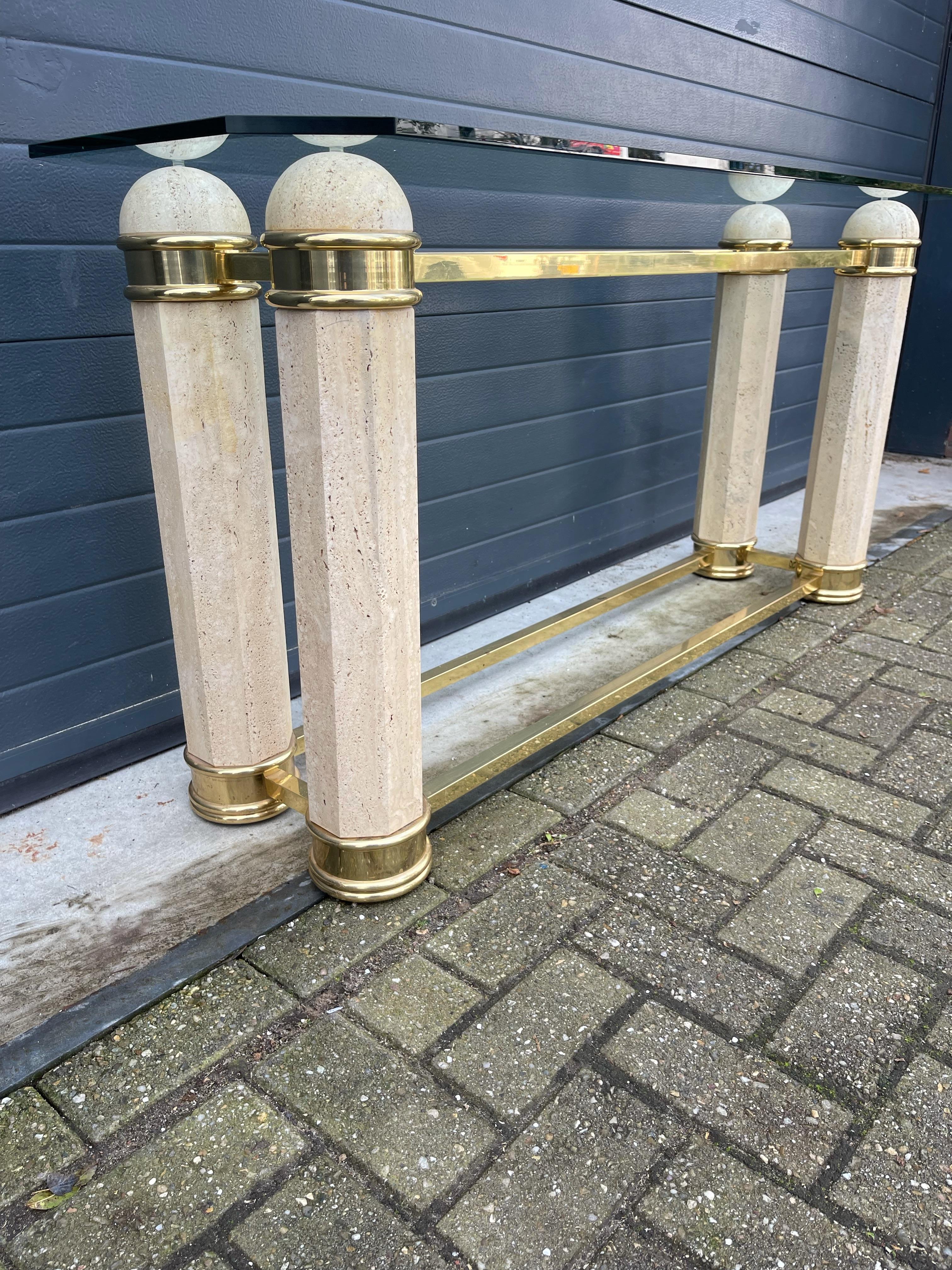 Hand-Crafted Monumental Italian Console Table in Travertine, Solid Brass & Beveled Glass, 80s For Sale