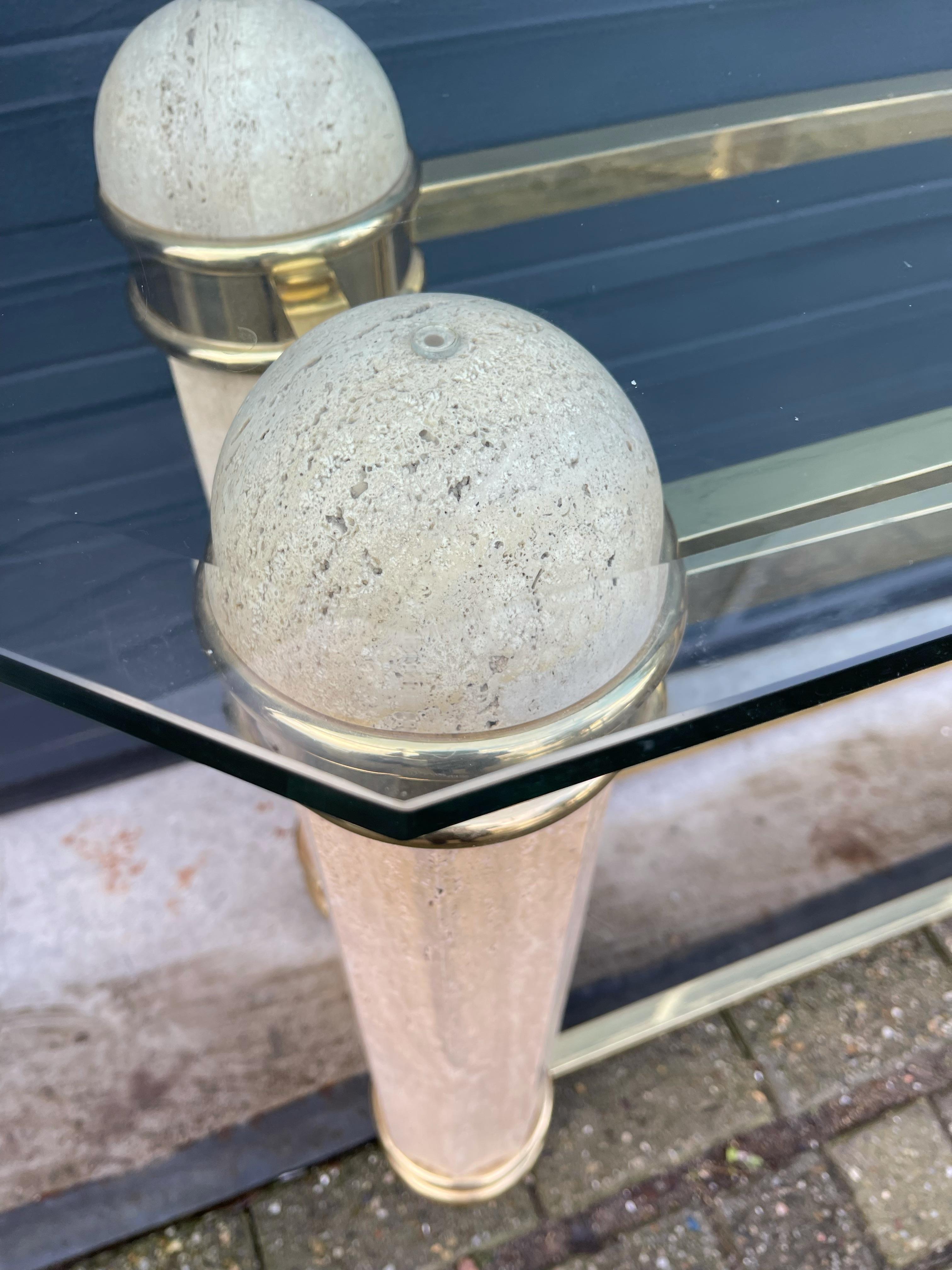 20th Century Monumental Italian Console Table in Travertine, Solid Brass & Beveled Glass, 80s For Sale