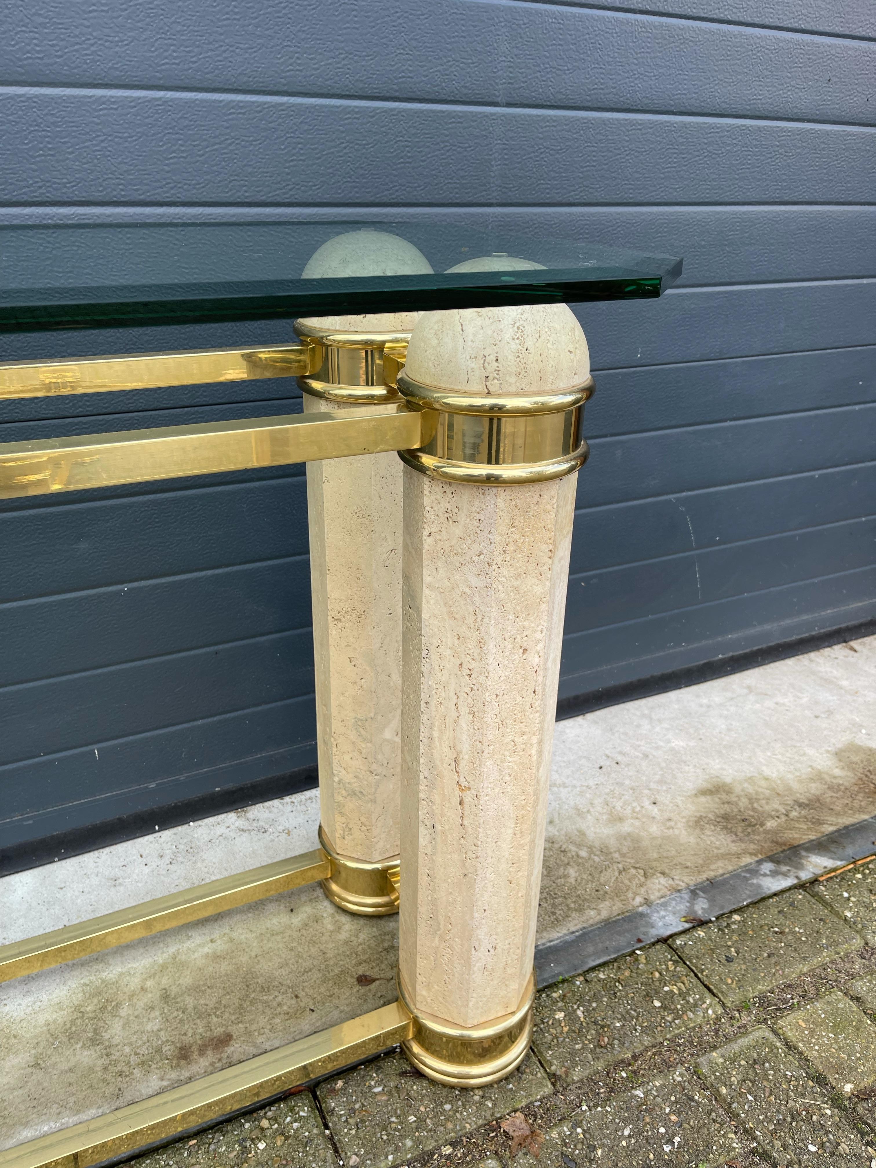 Monumental Italian Console Table in Travertine, Solid Brass & Beveled Glass, 80s For Sale 1