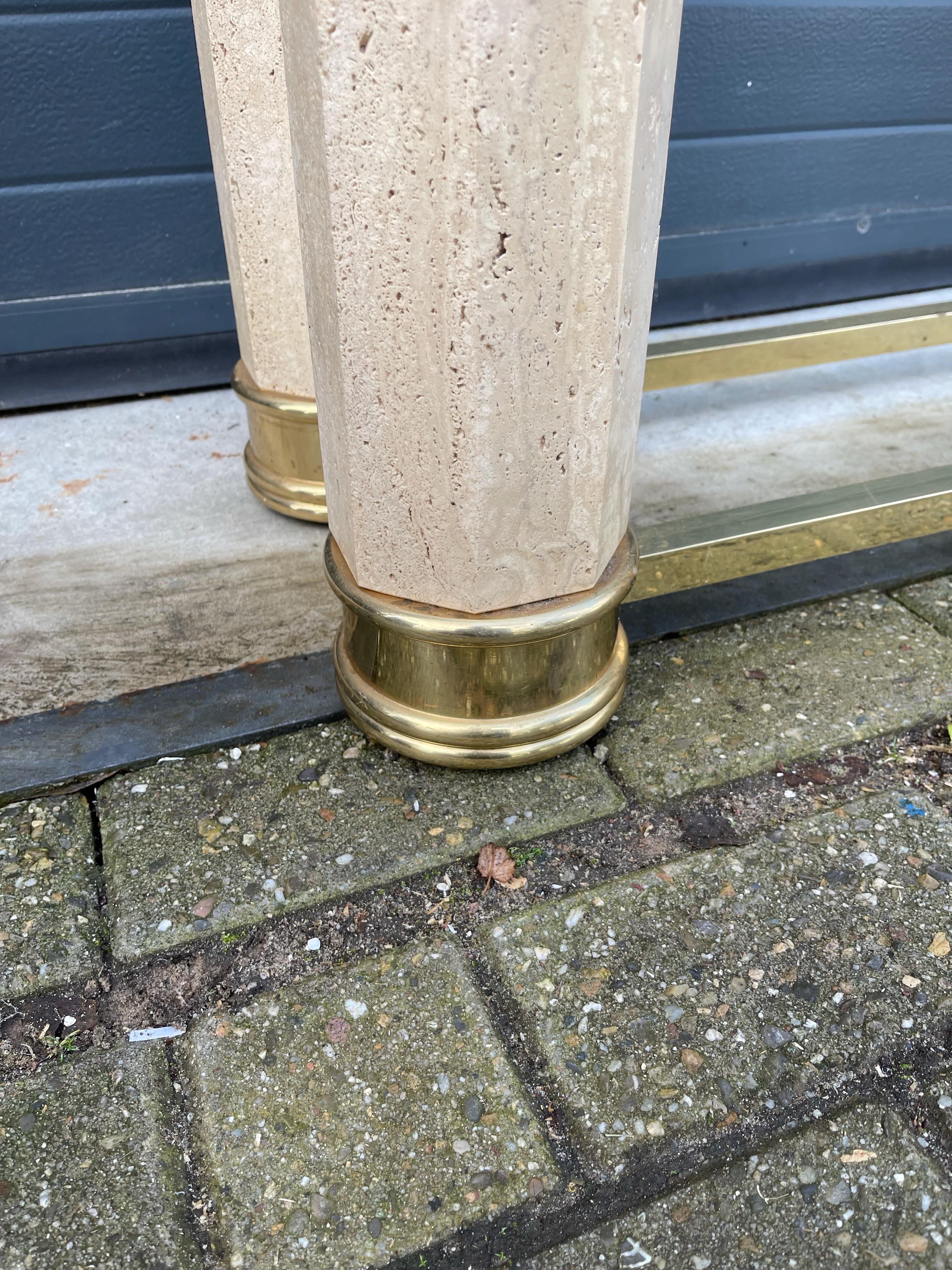 Monumental Italian Console Table in Travertine, Solid Brass & Beveled Glass, 80s For Sale 2