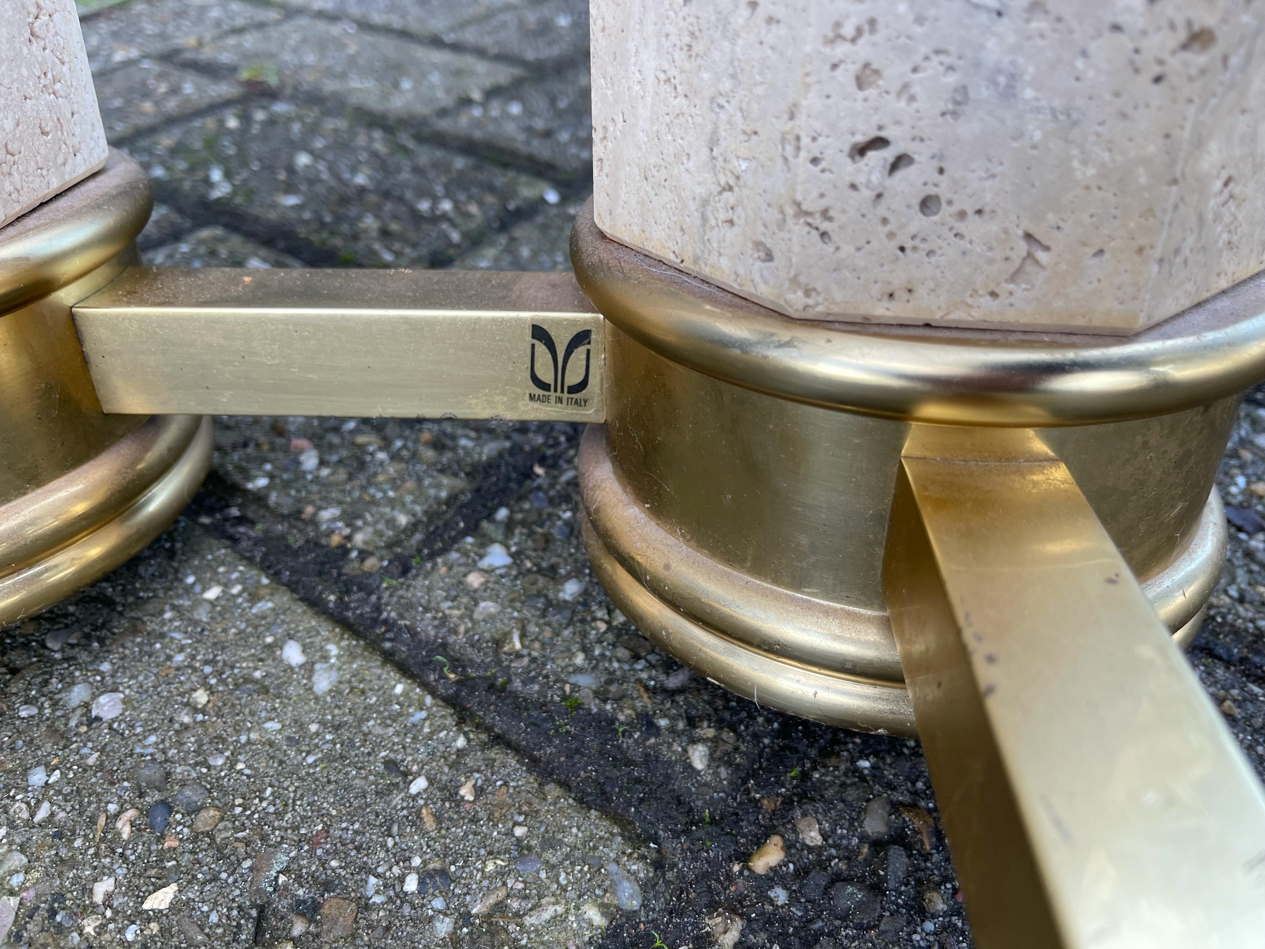 Monumental Italian Console Table in Travertine, Solid Brass & Beveled Glass, 80s For Sale 3