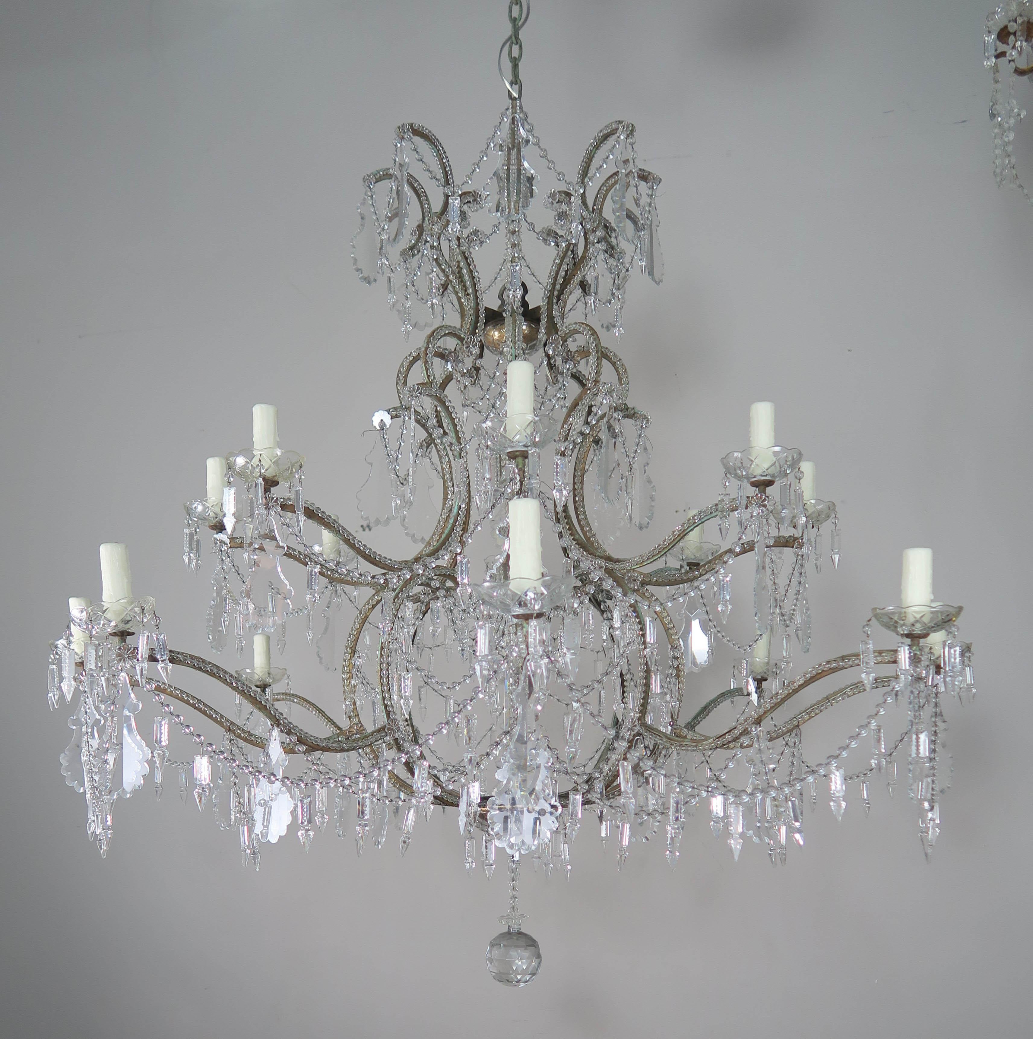 Rococo Monumental Italian Crystal Beaded 16-Arm Chandelier, circa 1900s