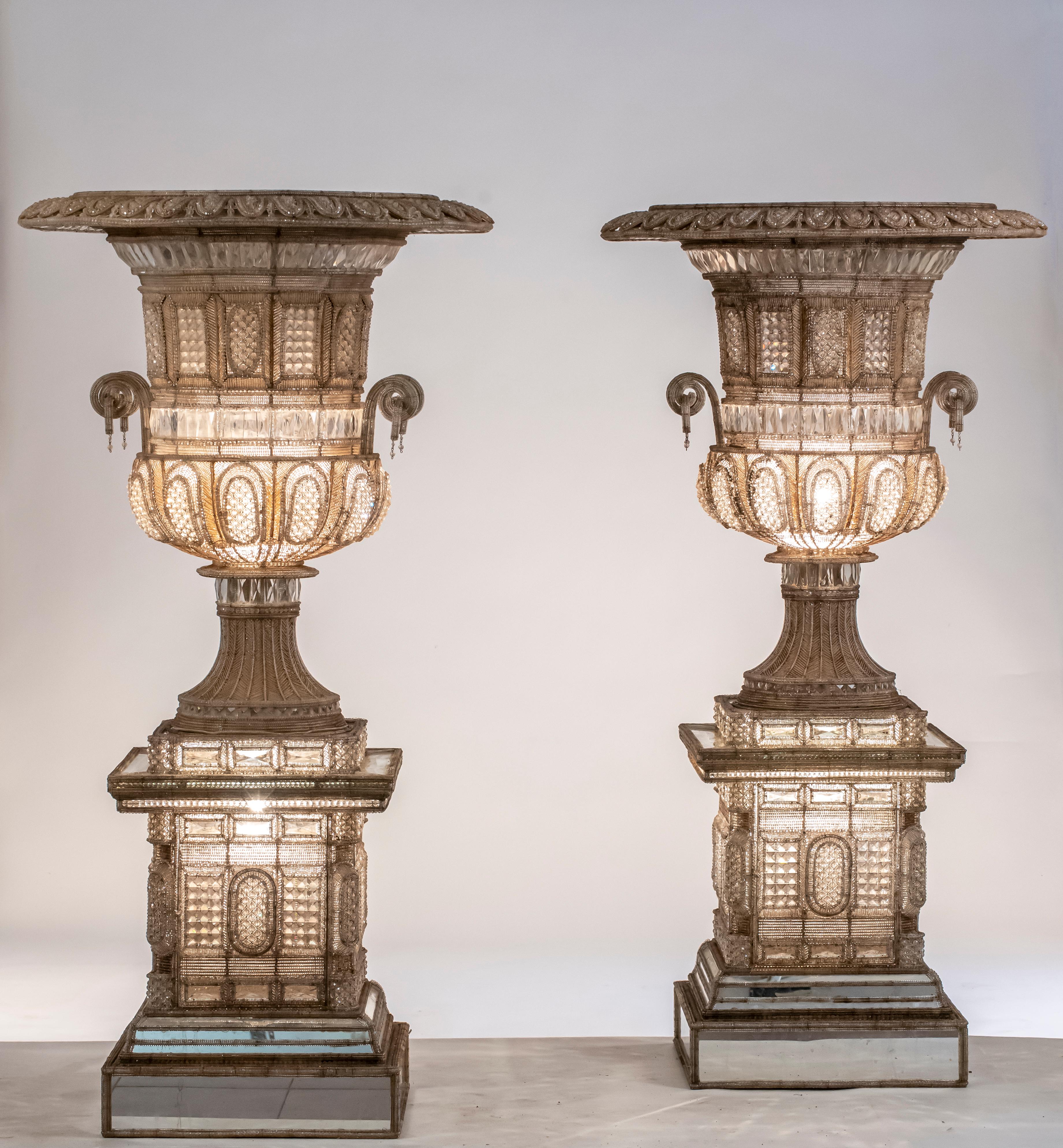 Mid-Century Modern Monumental Italian Cut-Glass and Beaded Vases on Stand, Fitted as Lamps 40s 60s