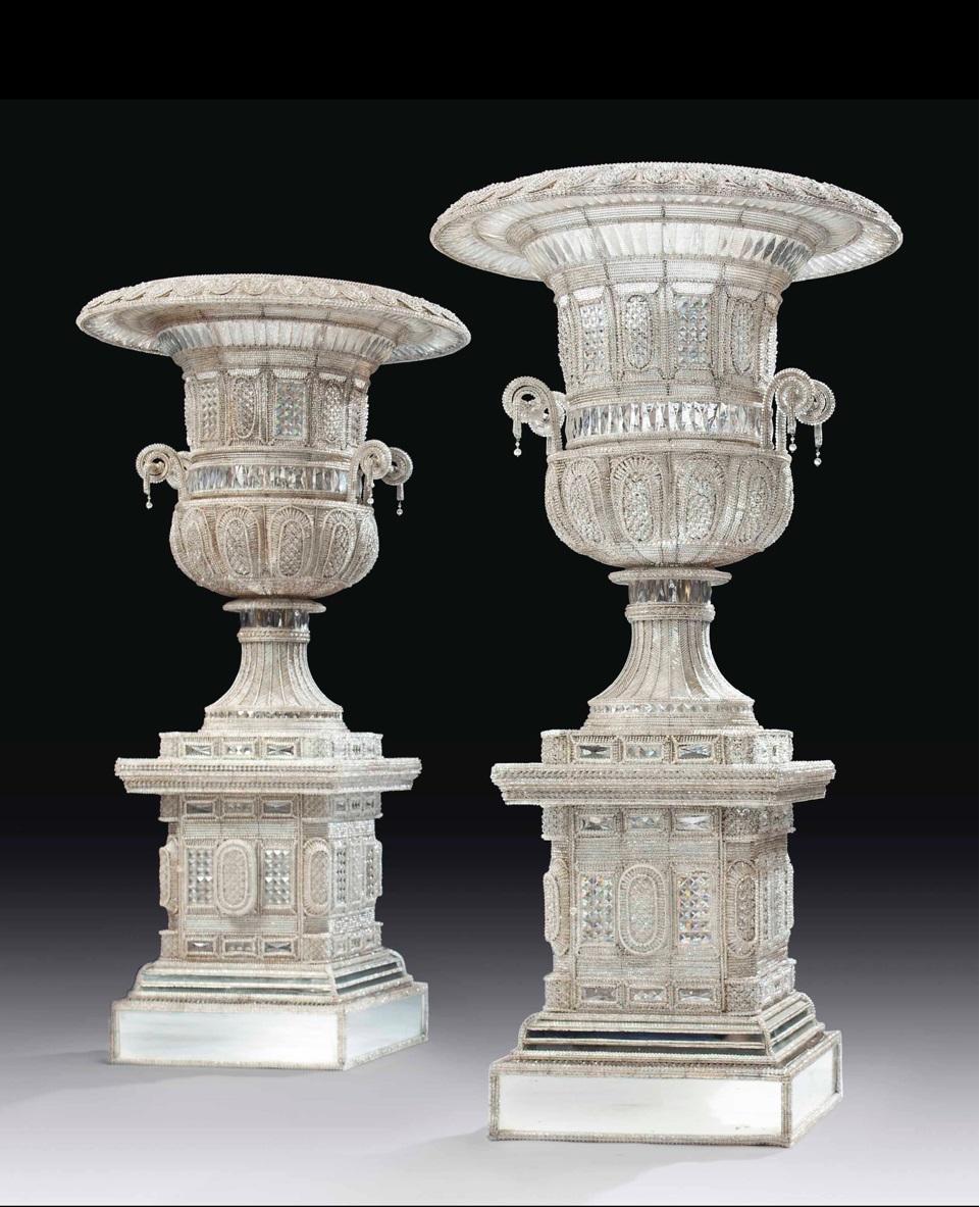 Monumental Italian Cut-Glass and Beaded Vases on Stand, Fitted as Lamps 40s 60s 5