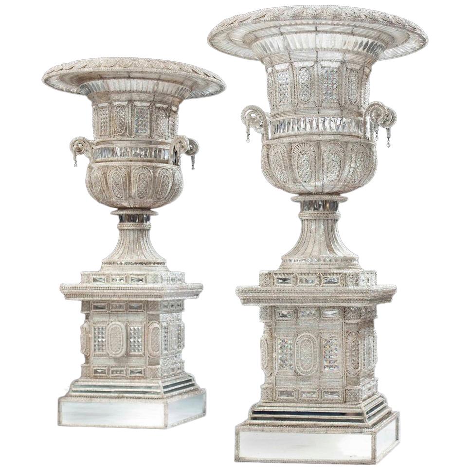 Monumental Italian Cut-Glass and Beaded Vases on Stand, Fitted as Lamps 40s 60s
