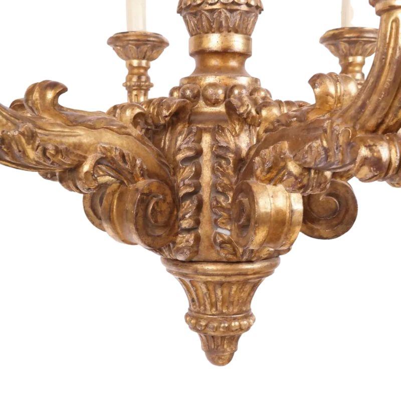 Monumental Italian Giltwood Six Arm Chandelier Circa 1940 In Good Condition For Sale In Locust Valley, NY