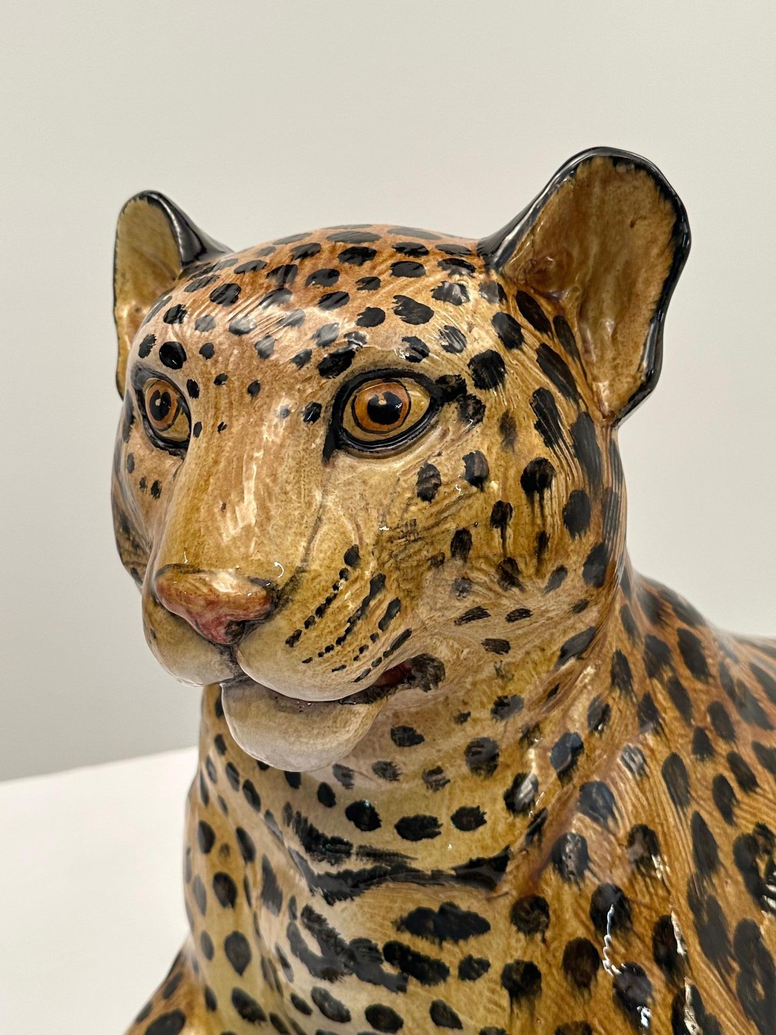 Monumental Italian Glazed Terracotta Leopard Sculpture in Repose For Sale 5