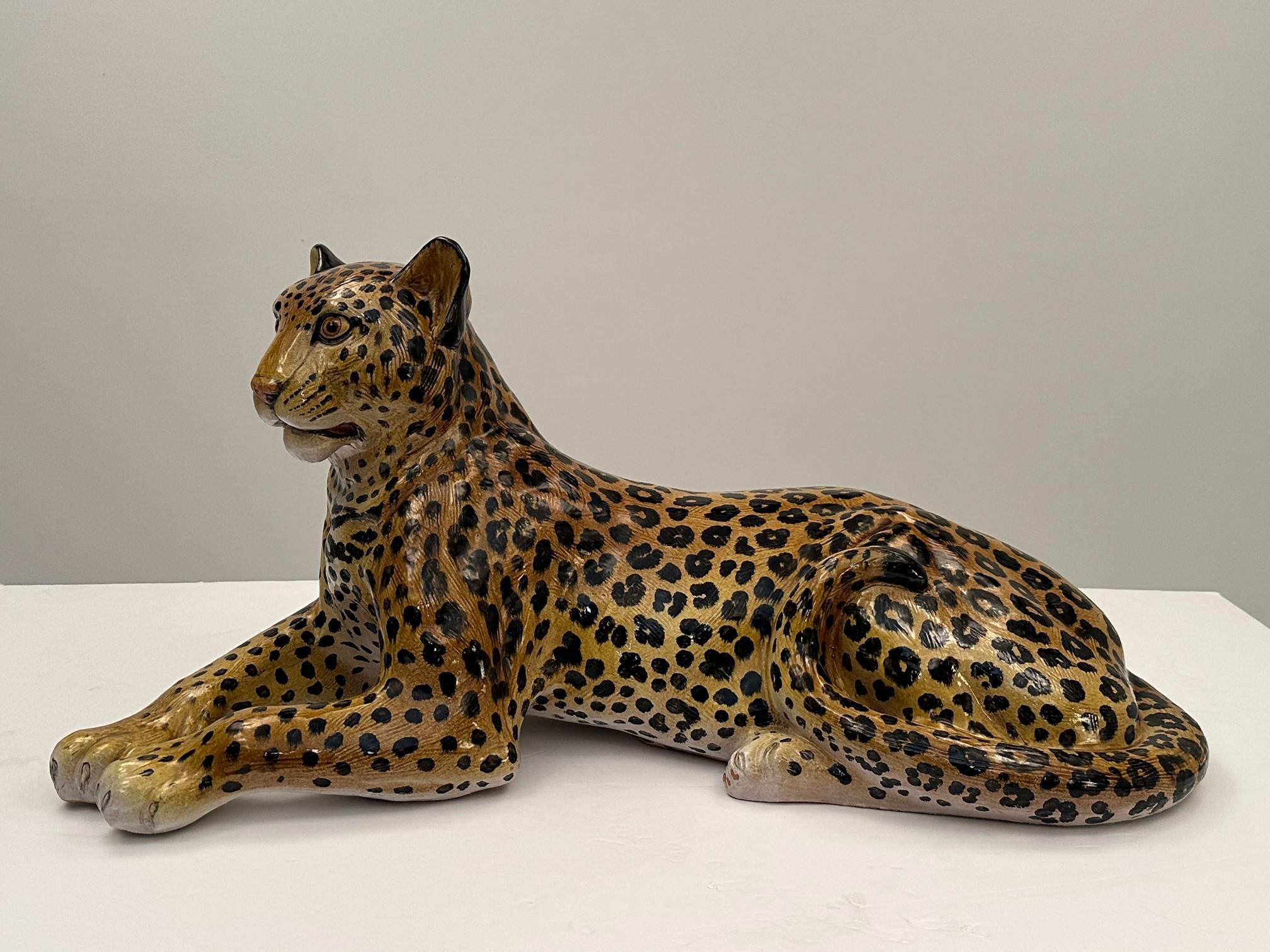 Monumental Italian Glazed Terracotta Leopard Sculpture in Repose For Sale 6