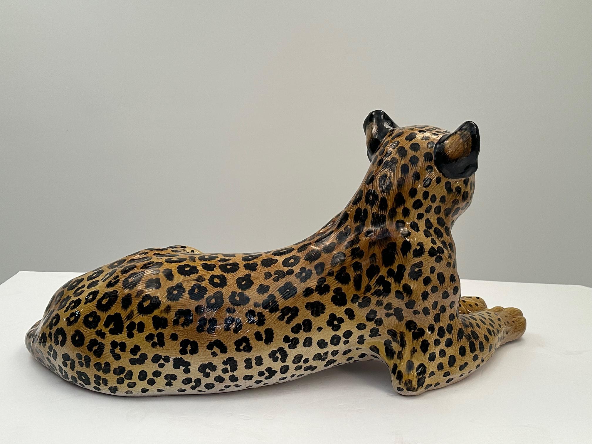 Monumental Italian Glazed Terracotta Leopard Sculpture in Repose For Sale 9