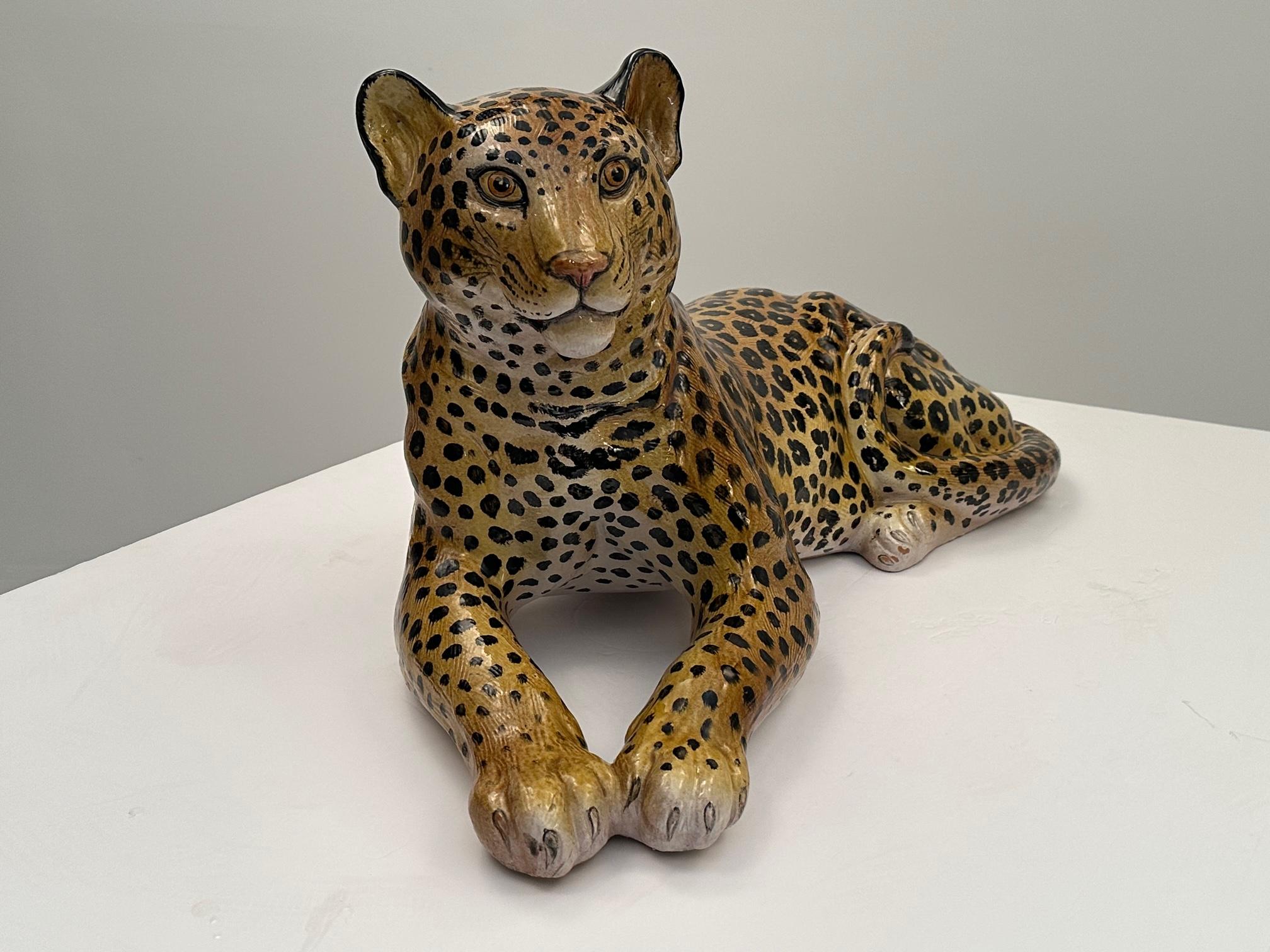 Monumental Italian Glazed Terracotta Leopard Sculpture in Repose For Sale 10