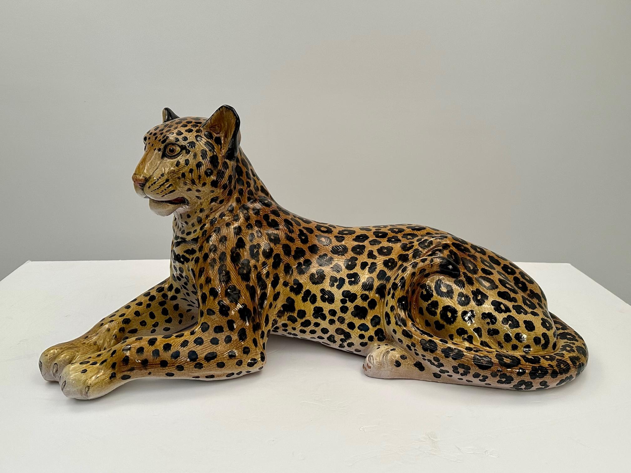 Monumental Italian Glazed Terracotta Leopard Sculpture in Repose In Good Condition For Sale In Hopewell, NJ
