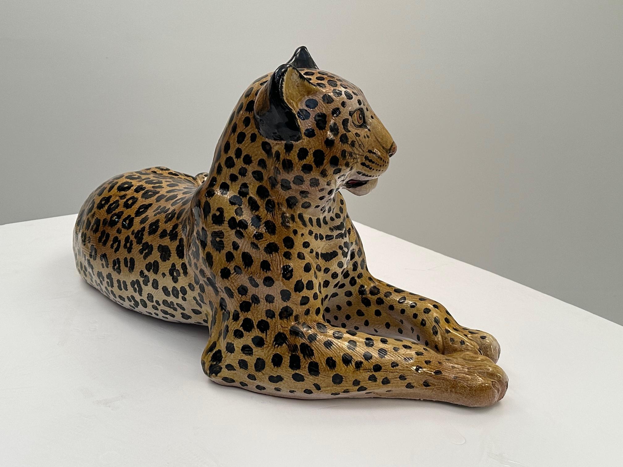 Mid-20th Century Monumental Italian Glazed Terracotta Leopard Sculpture in Repose For Sale