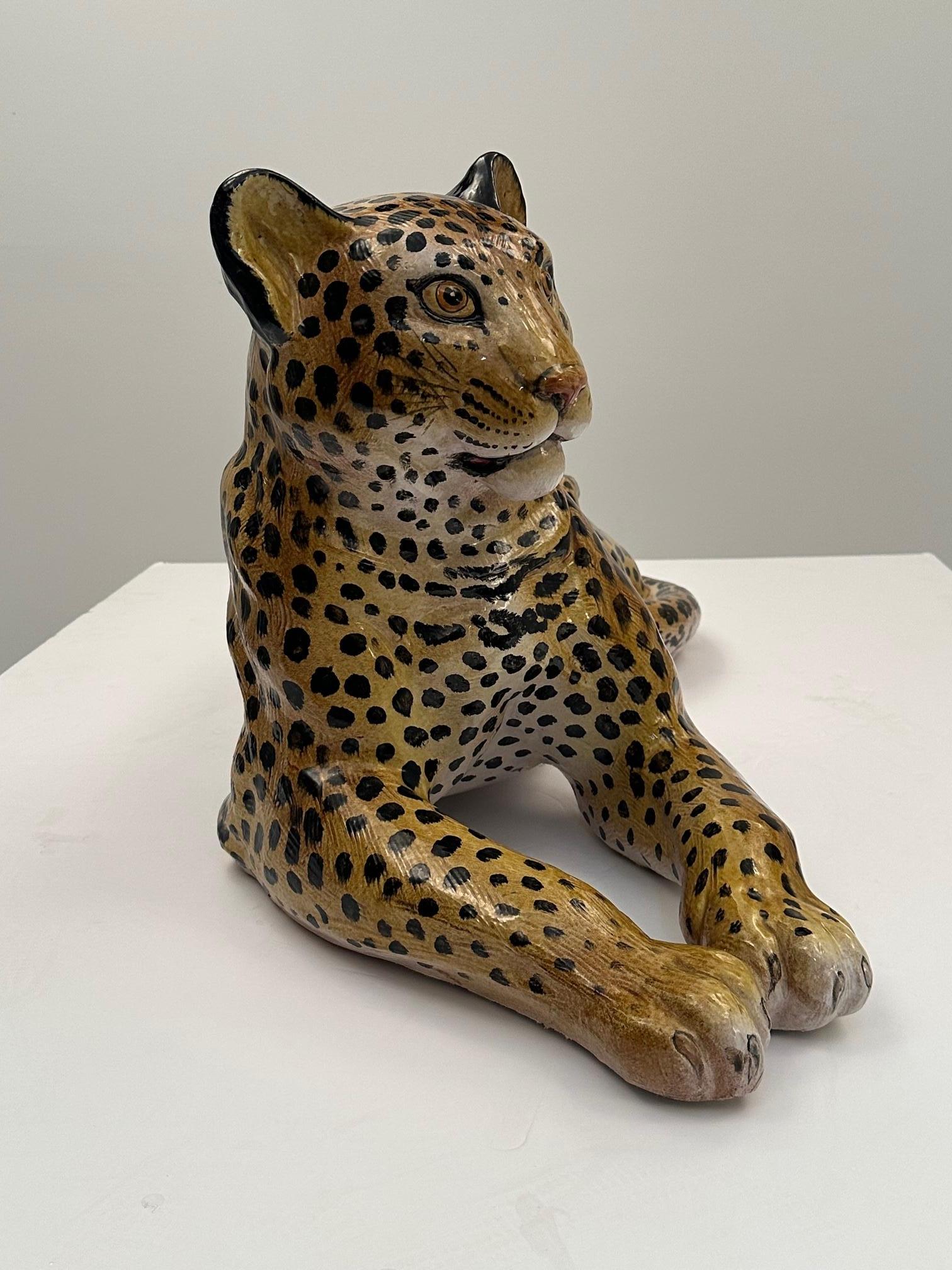 Monumental Italian Glazed Terracotta Leopard Sculpture in Repose For Sale 1