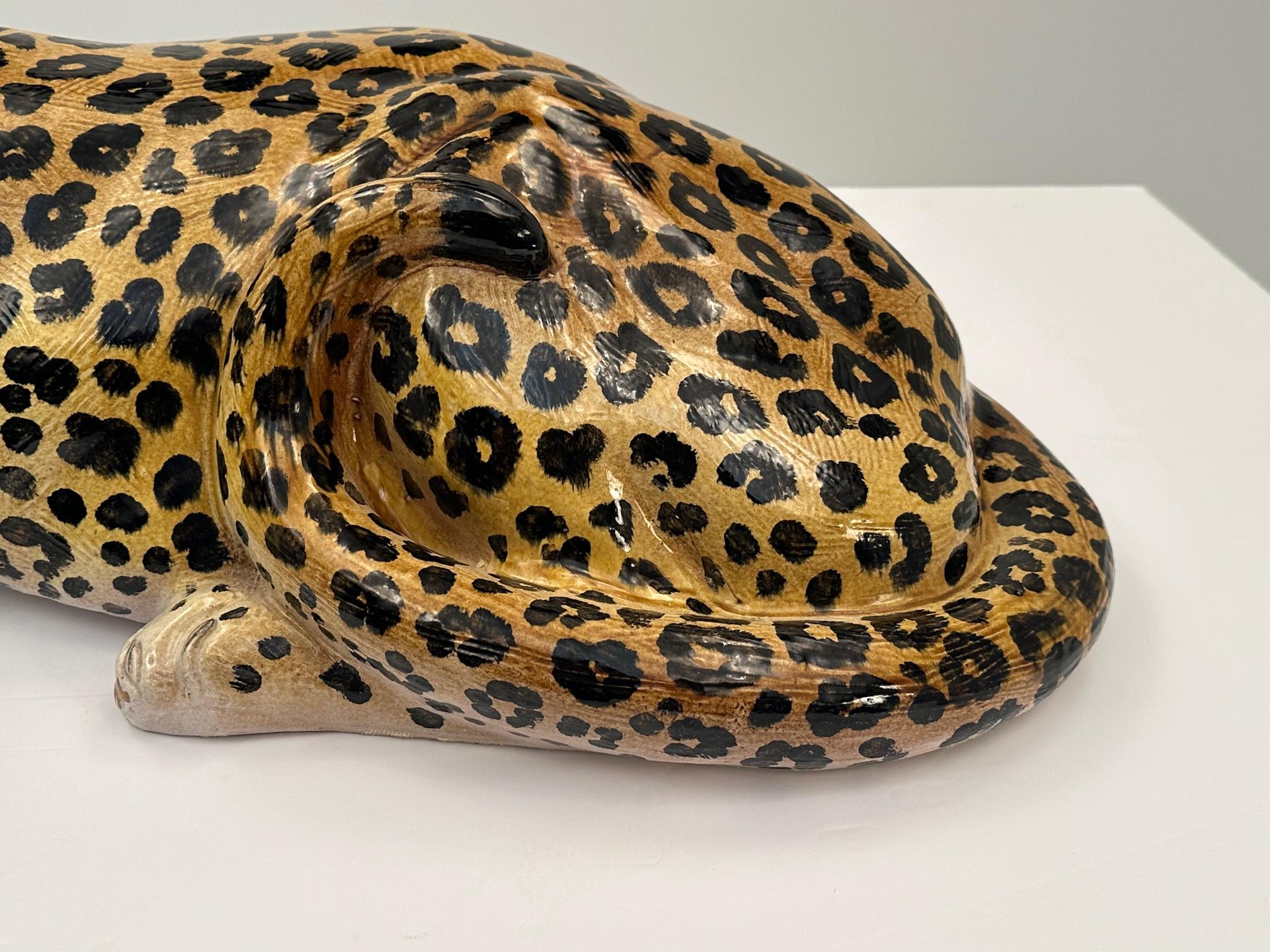 Monumental Italian Glazed Terracotta Leopard Sculpture in Repose For Sale 2