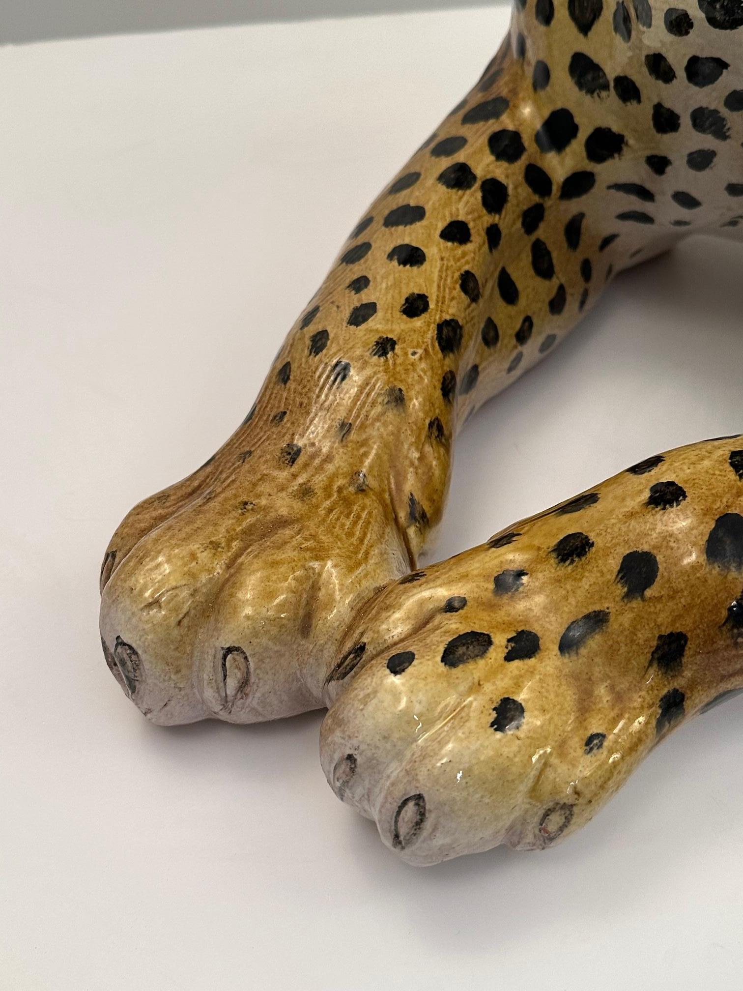 Monumental Italian Glazed Terracotta Leopard Sculpture in Repose For Sale 4