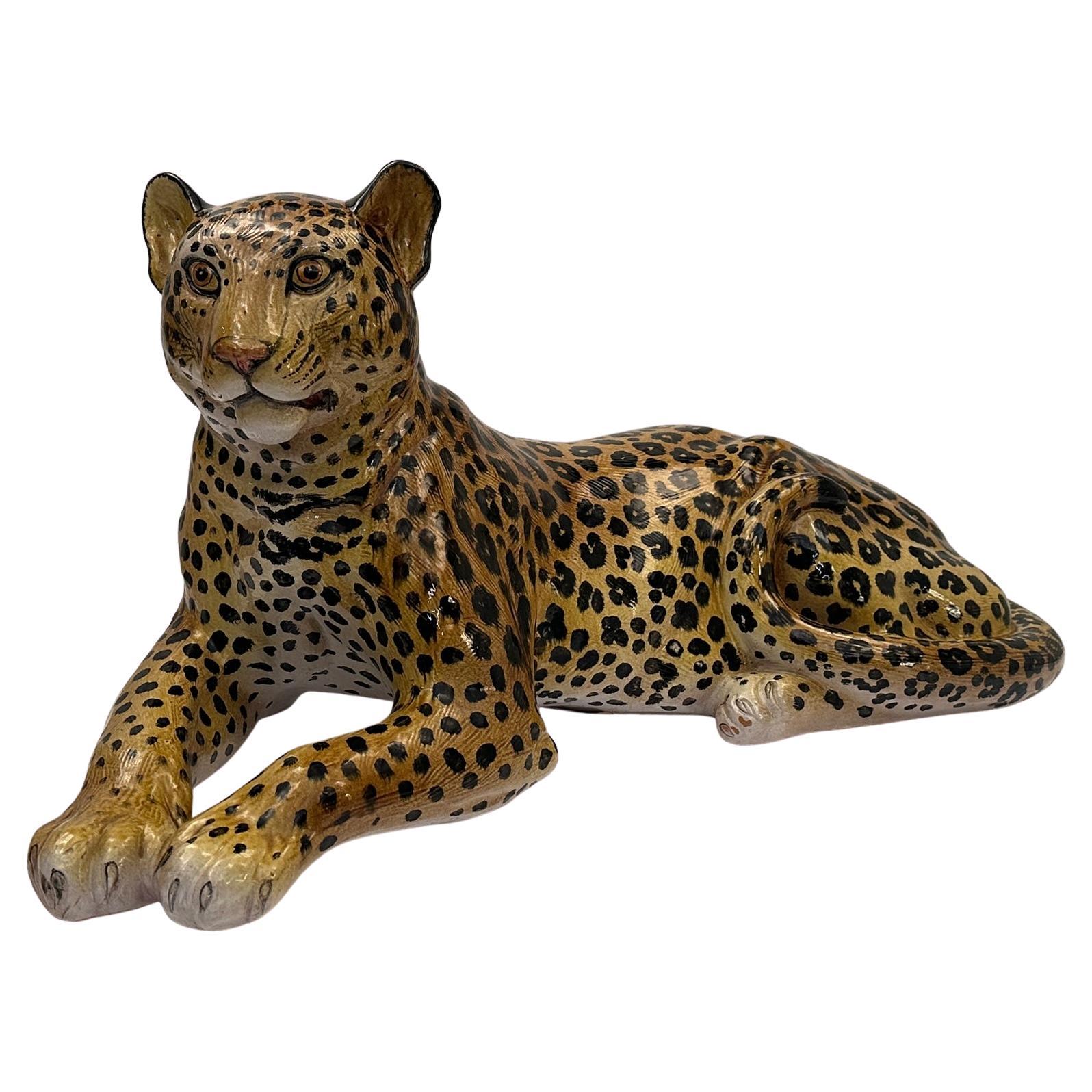 Monumental Italian Glazed Terracotta Leopard Sculpture in Repose For Sale