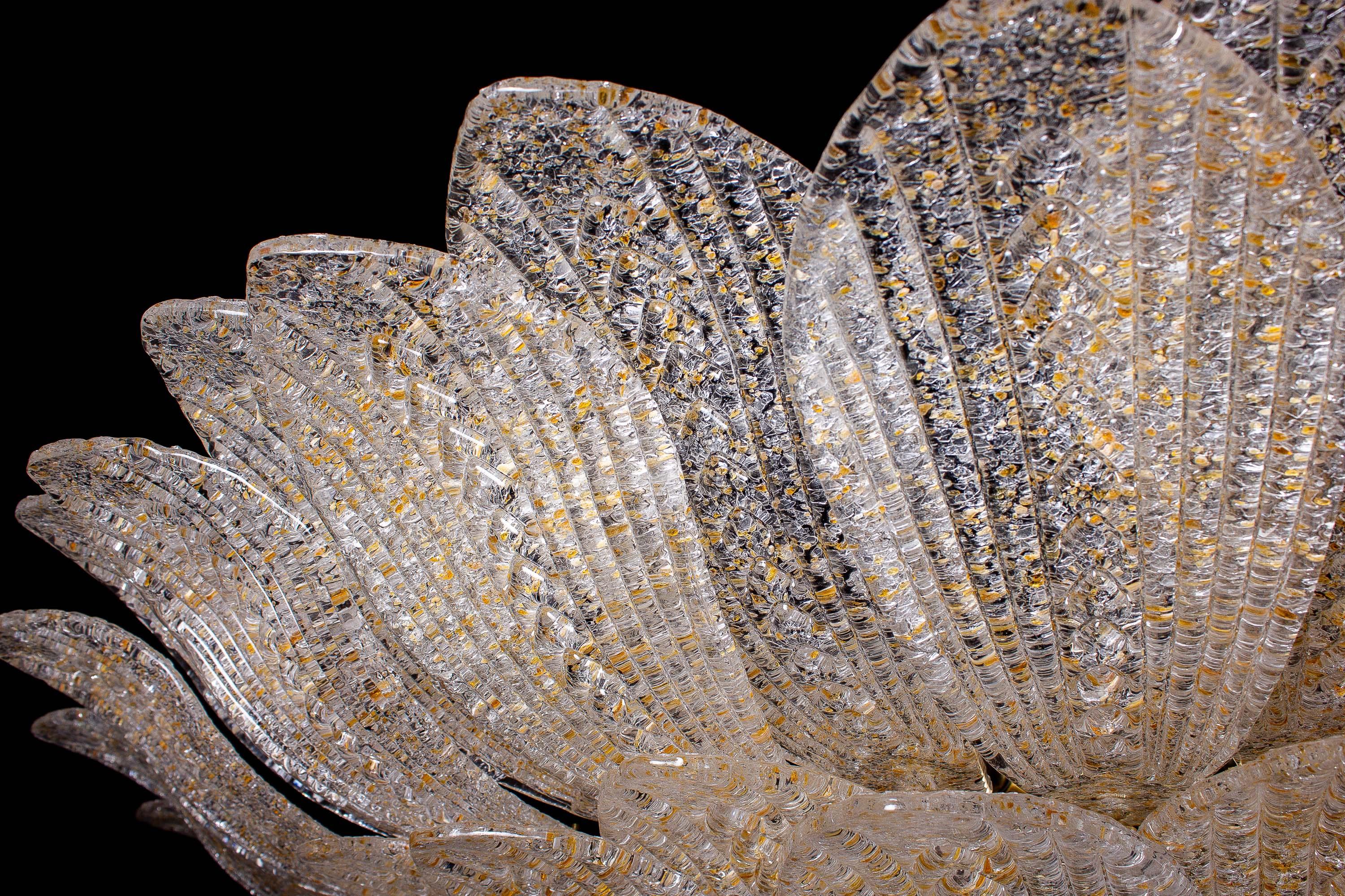 Blown Glass Monumental Italian Gold Leaves Murano Glass Ceiling Light or Flushmount For Sale