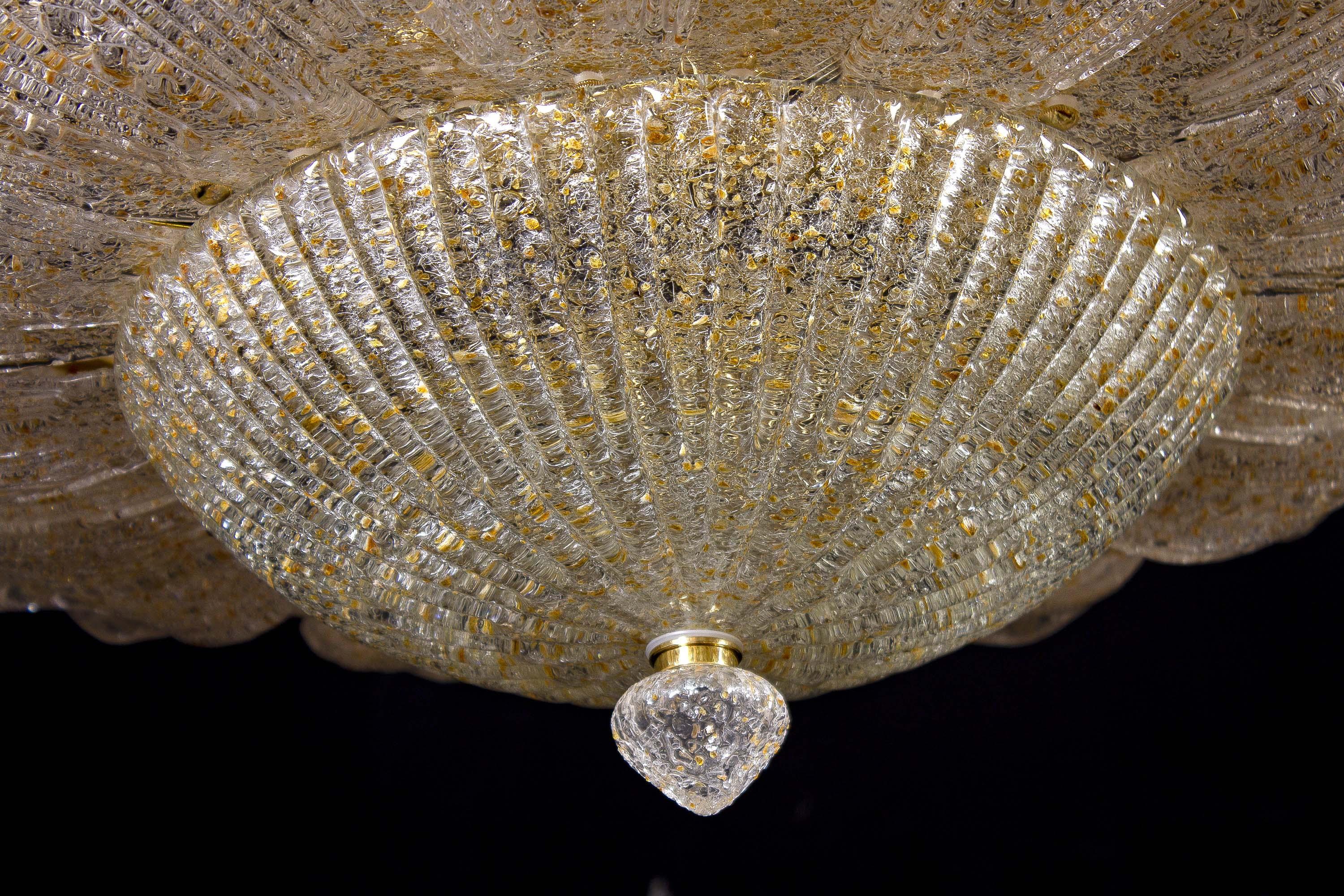 Blown Glass Monumental Italian Gold Leaves Murano Glass Ceiling Light or Flushmount For Sale