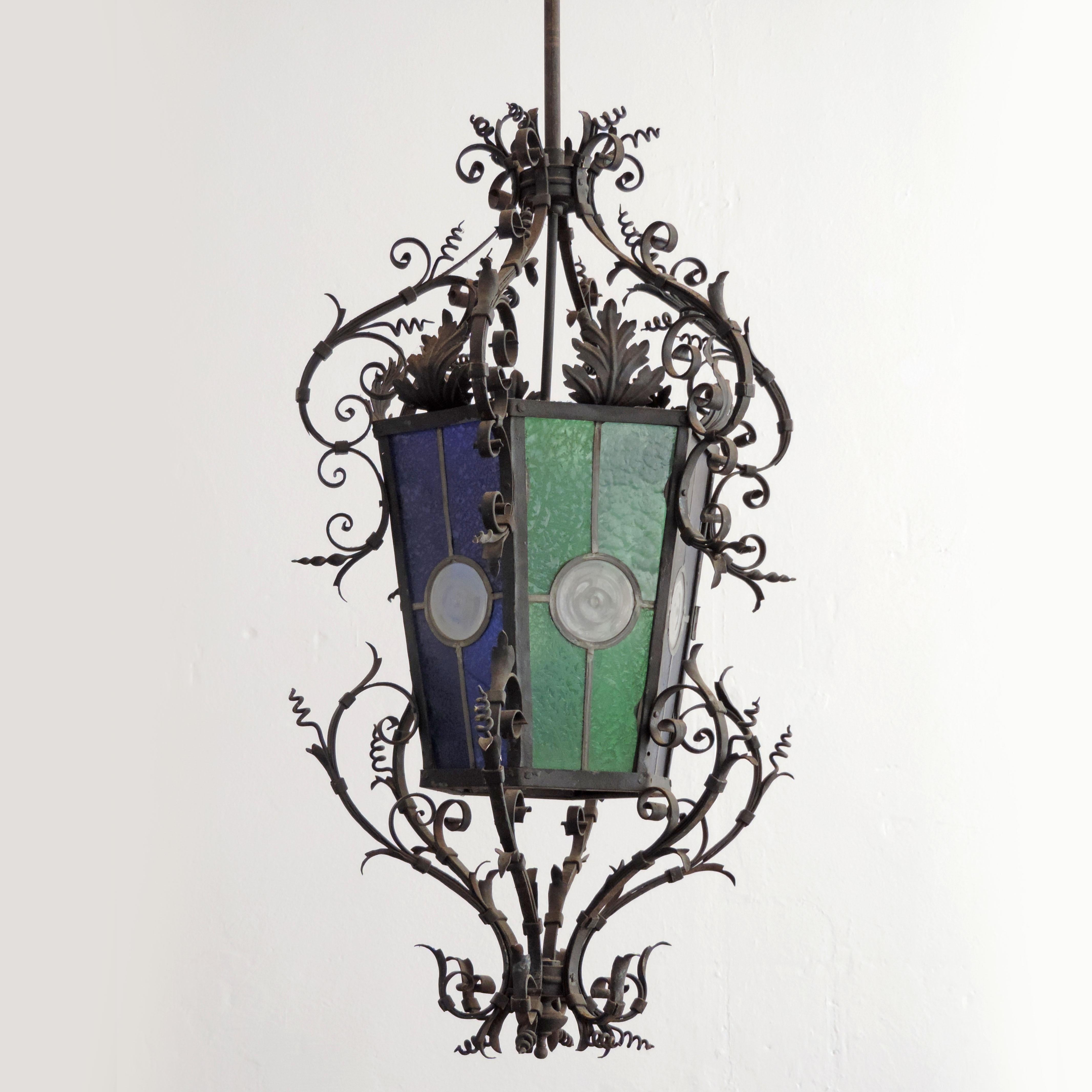 Monumental Italian Lantern in Wrought Iron and Stained Glass For Sale 6